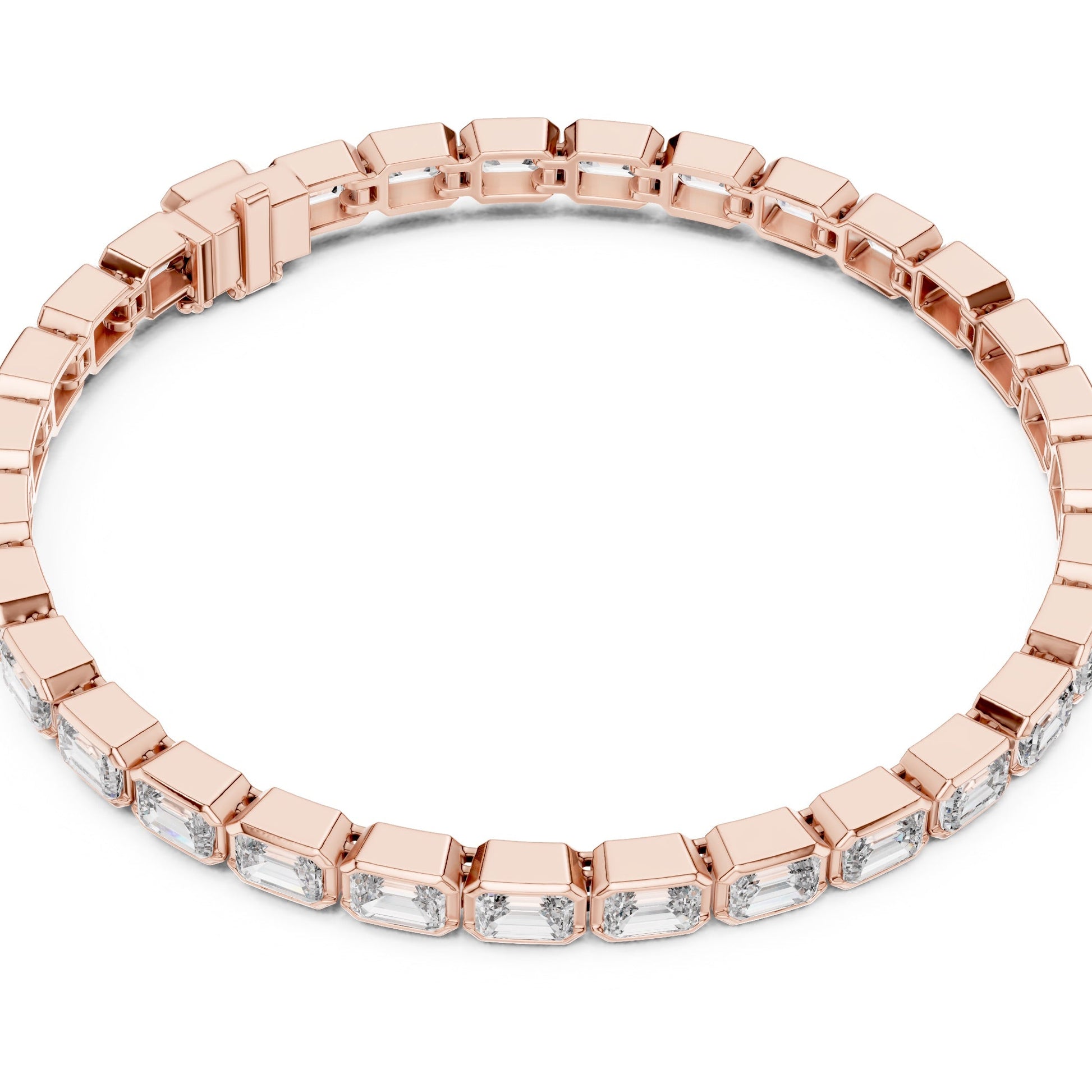 Rose gold bracelet with emerald-cut lab grown diamond accents on a white background.
