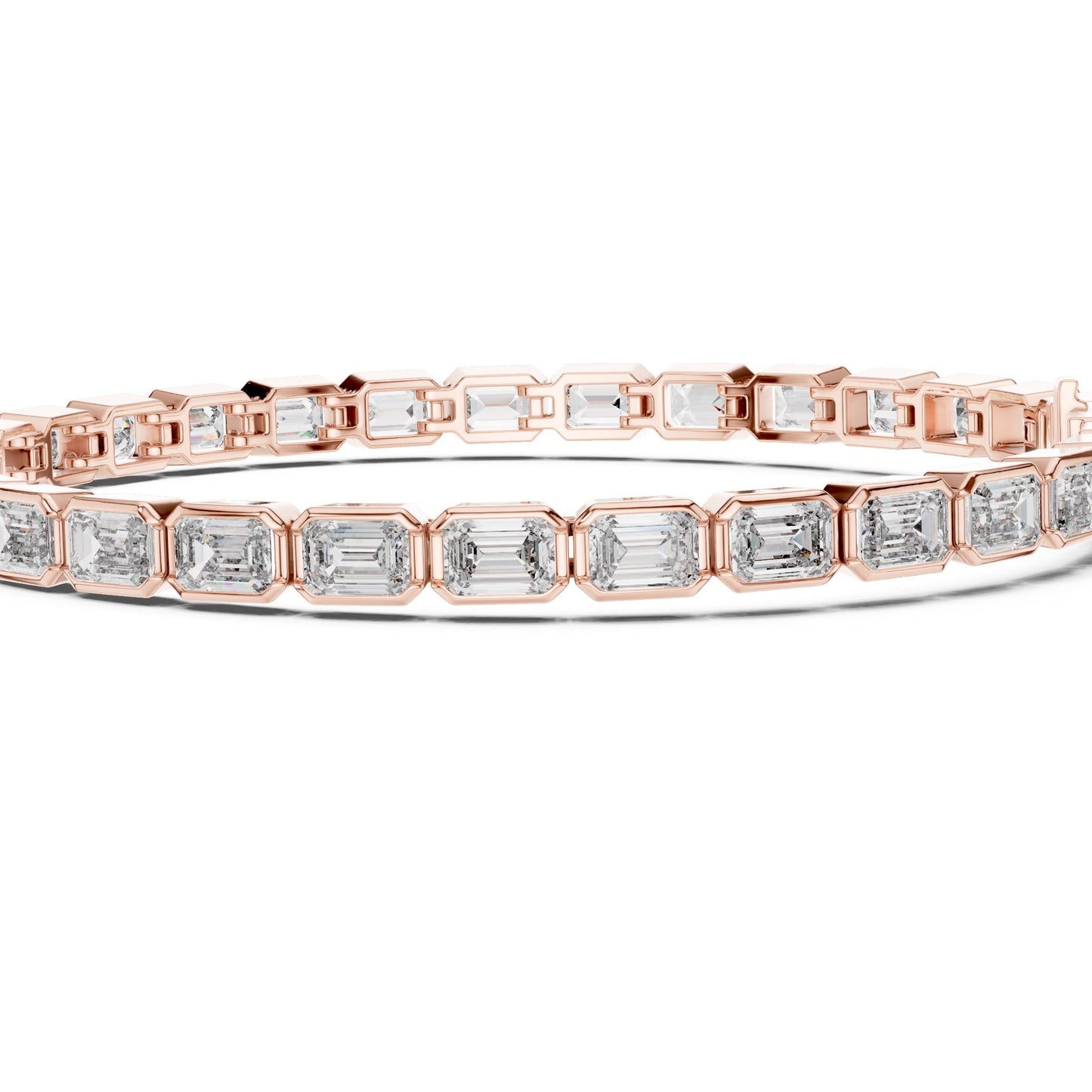Rose gold bracelet with emerald-cut lab grown diamond accents on a white background.