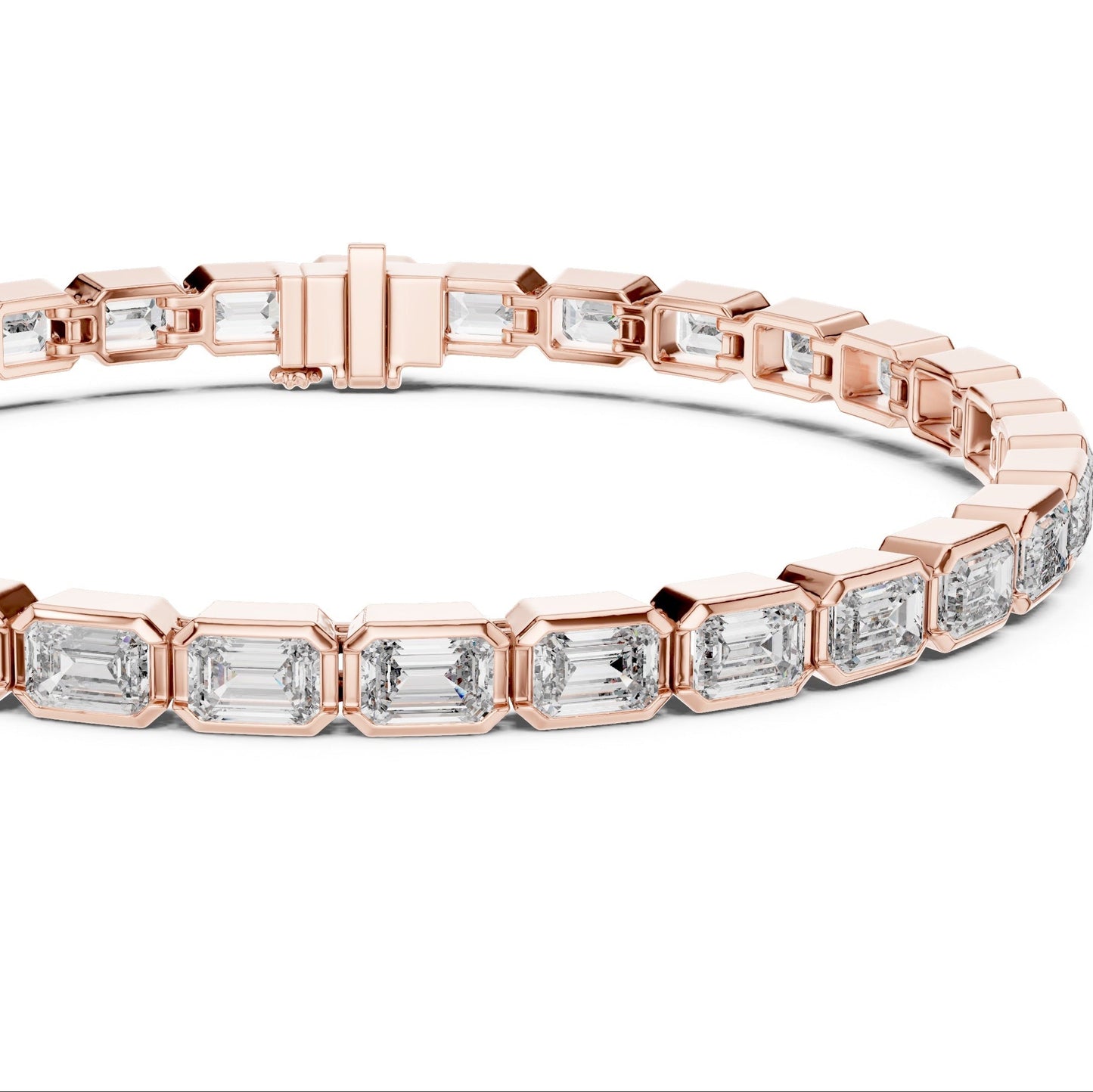 Rose gold bracelet with emerald-cut lab grown diamond accents on a white background