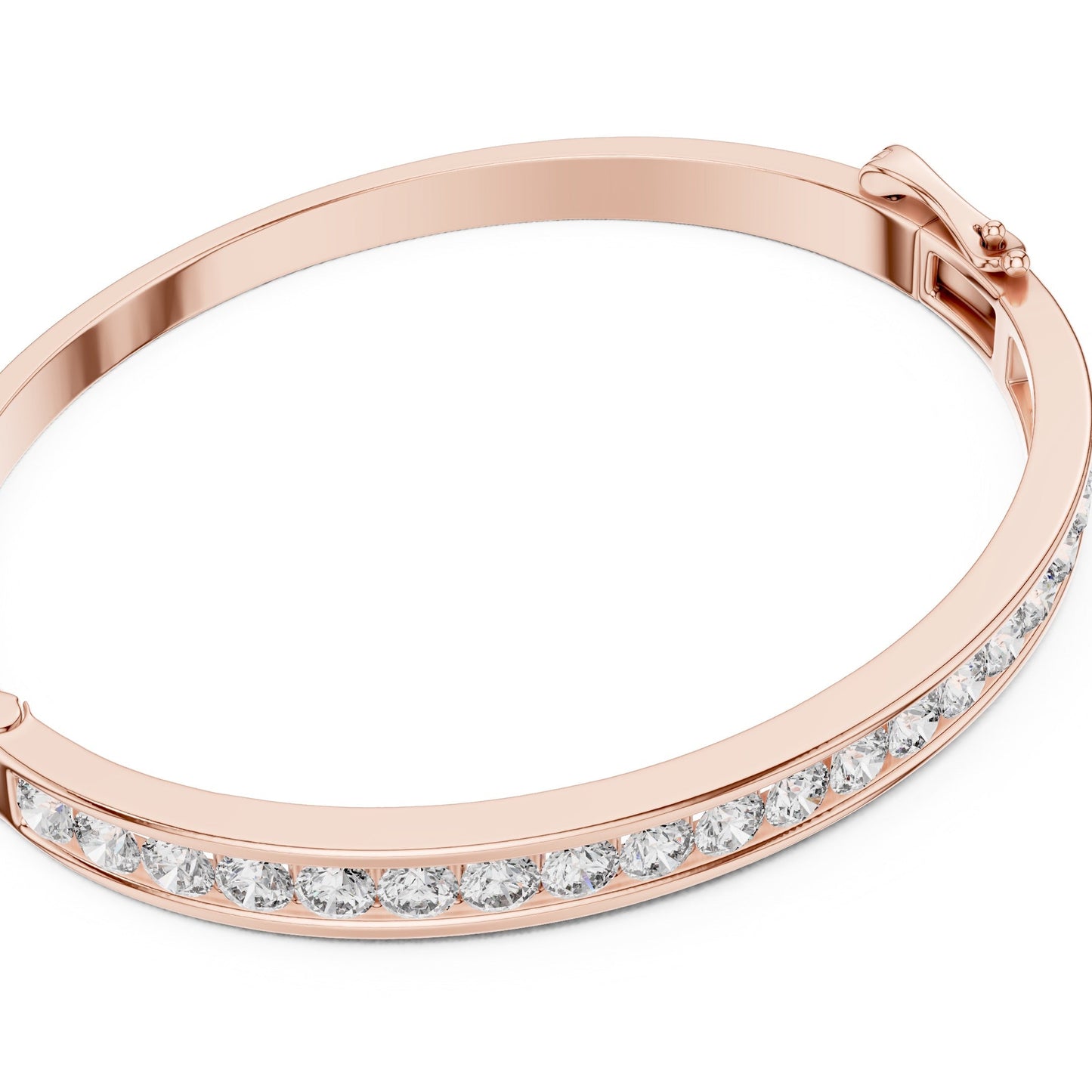 Rose gold bracelet with clear lab grown diamonds on a white background
