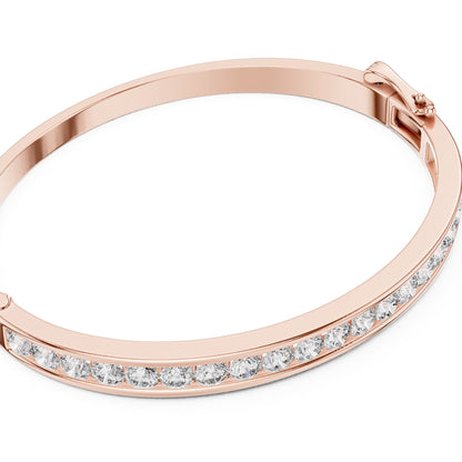 Rose gold bracelet with clear lab grown diamonds on a white background