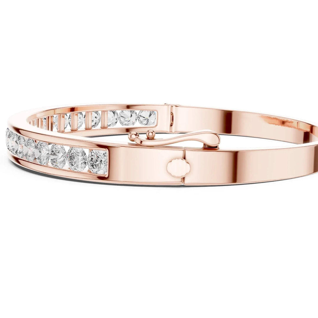 Rose gold bracelet with embedded lab grown diamonds on a white background