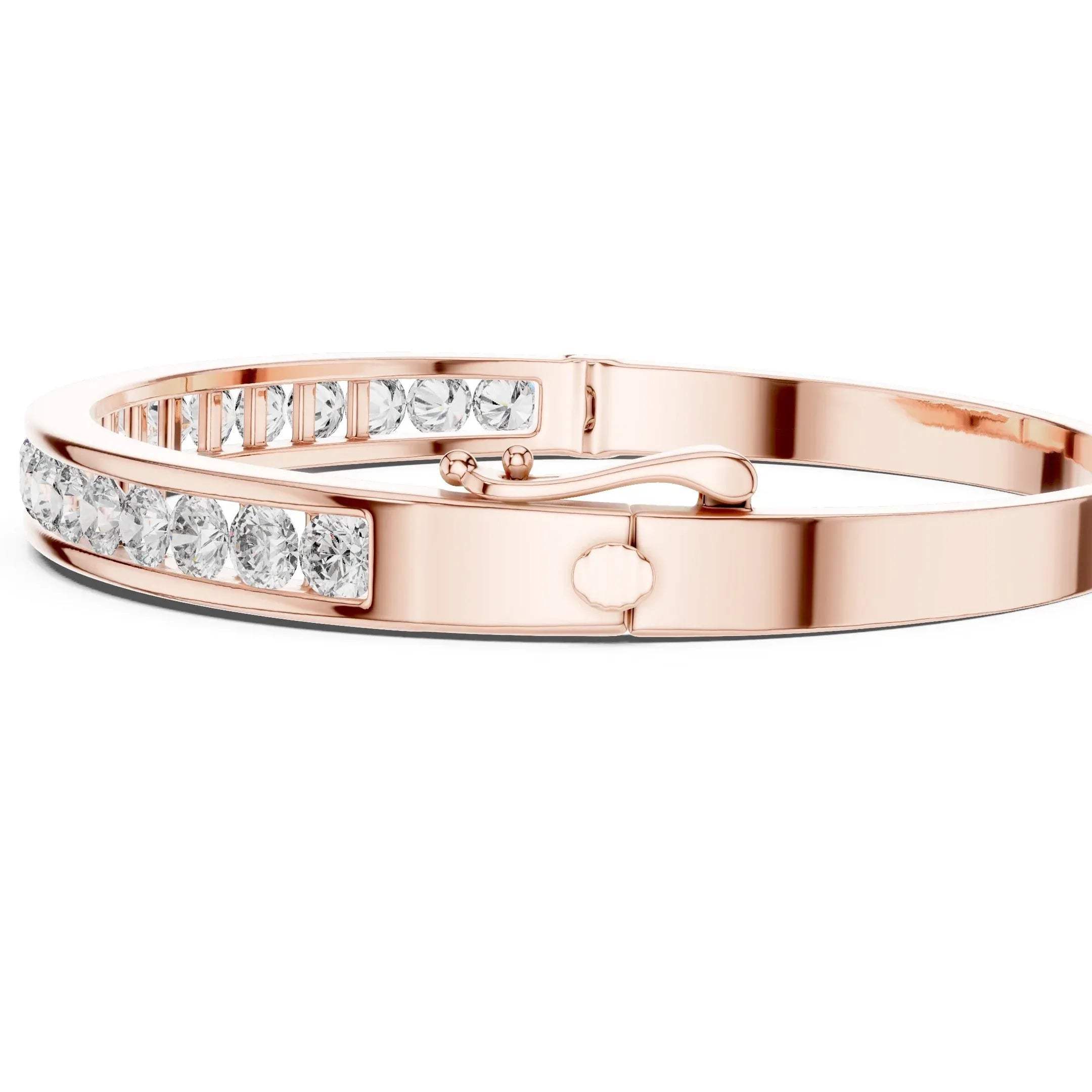 Rose gold bracelet with embedded lab grown diamonds on a white background