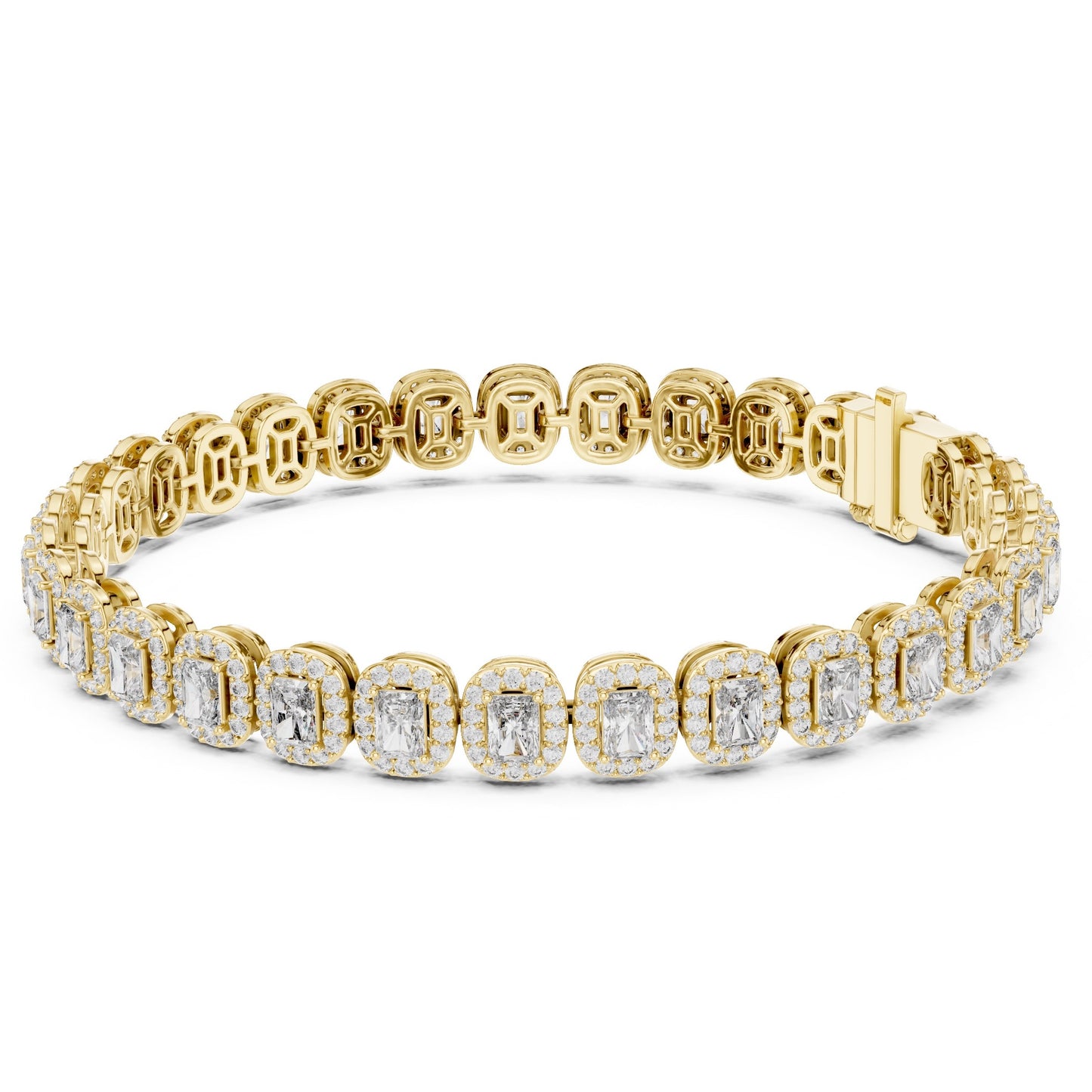 Yellow gold bracelet with lab grown diamond accents on a white background