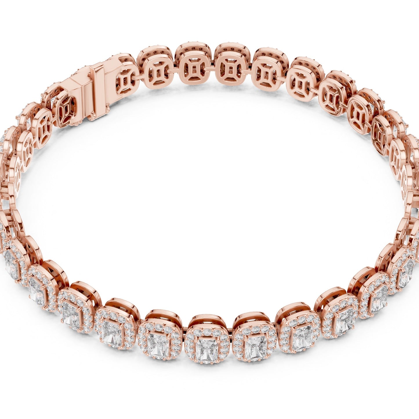 Rose gold bracelet with lab grown diamonds on a white background