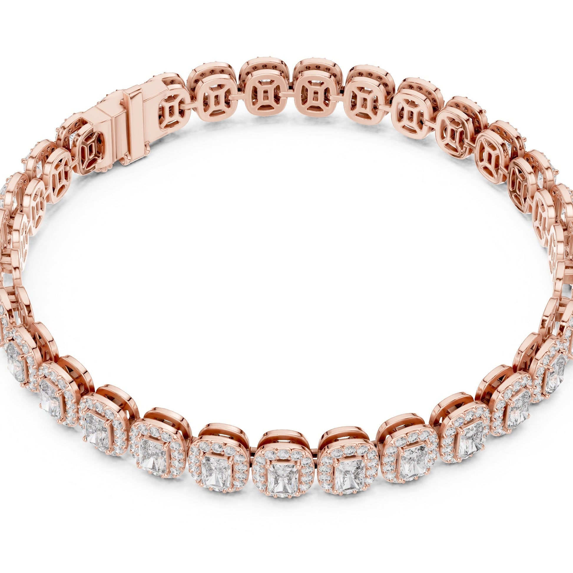Rose gold bracelet with lab grown diamonds on a white background