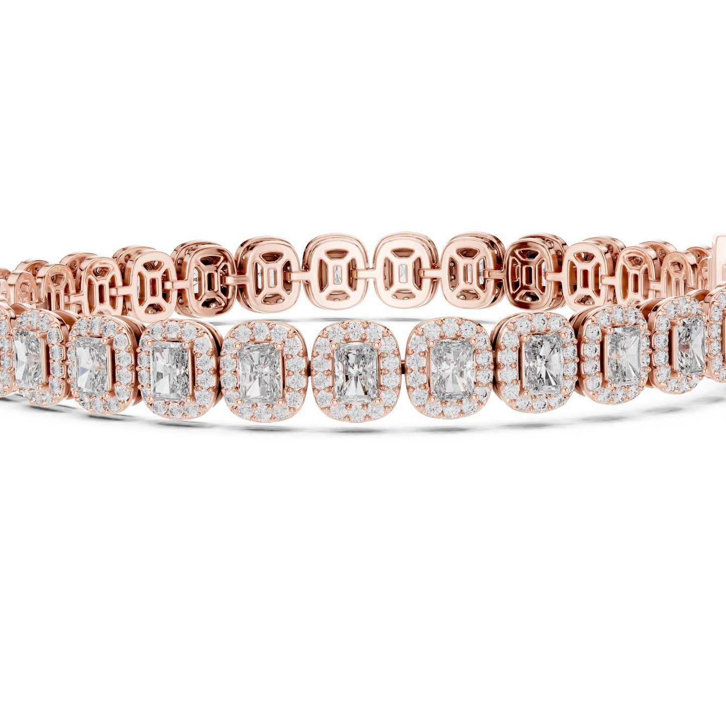Rose gold bracelet with lab grown diamonds on a white background