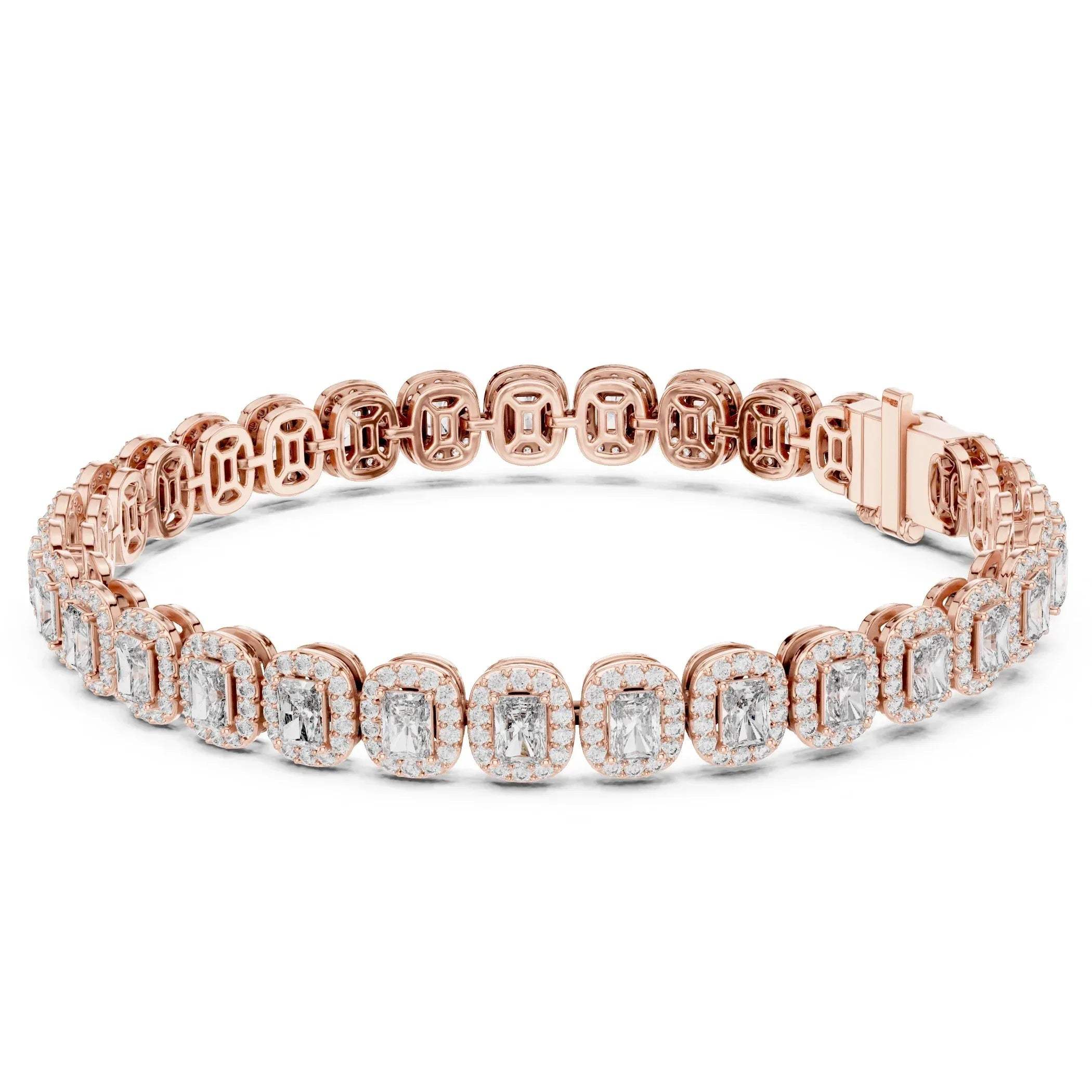 Rose gold bracelet with lab grown diamonds on a white background