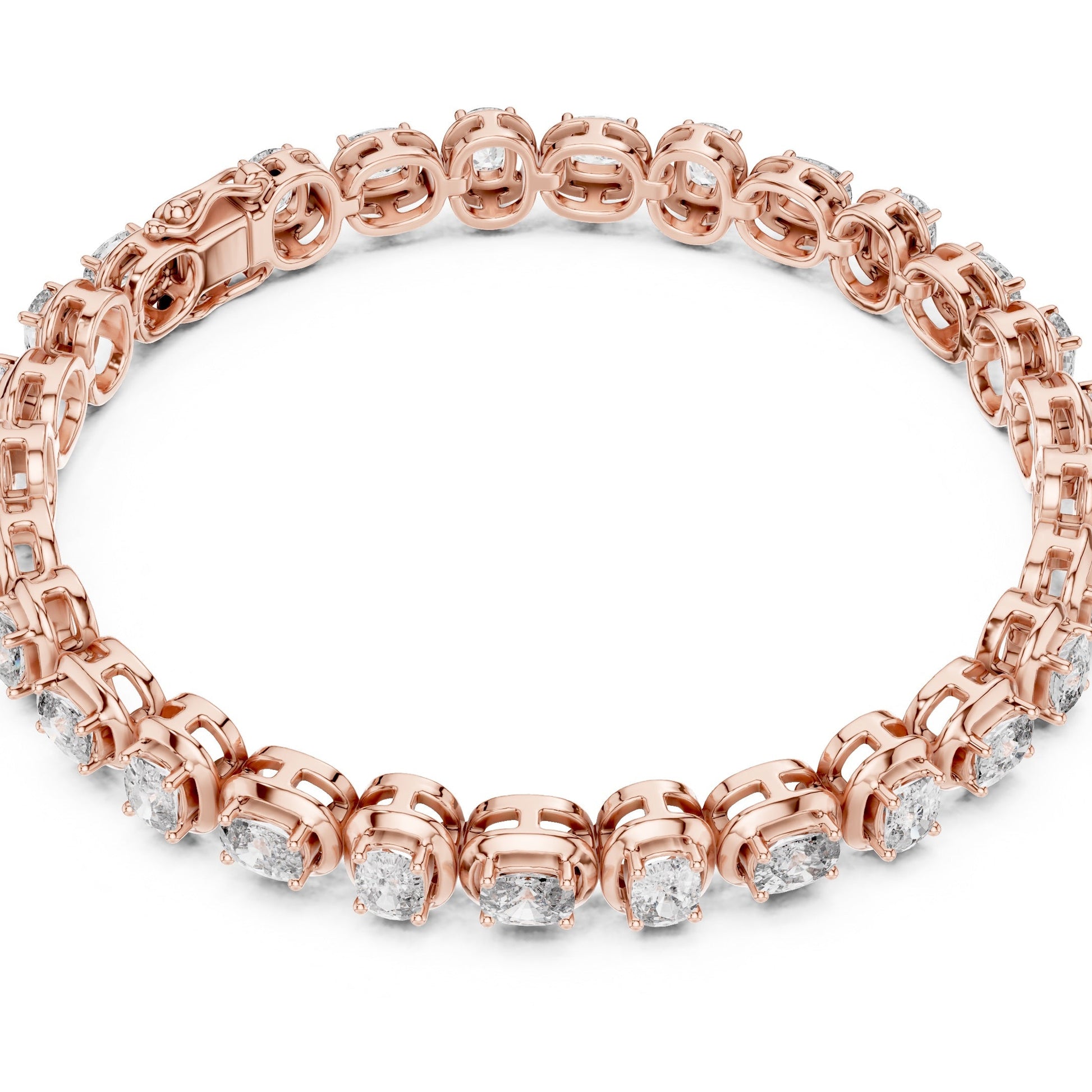 Rose gold bracelet with lab grown diamonds on a white background
