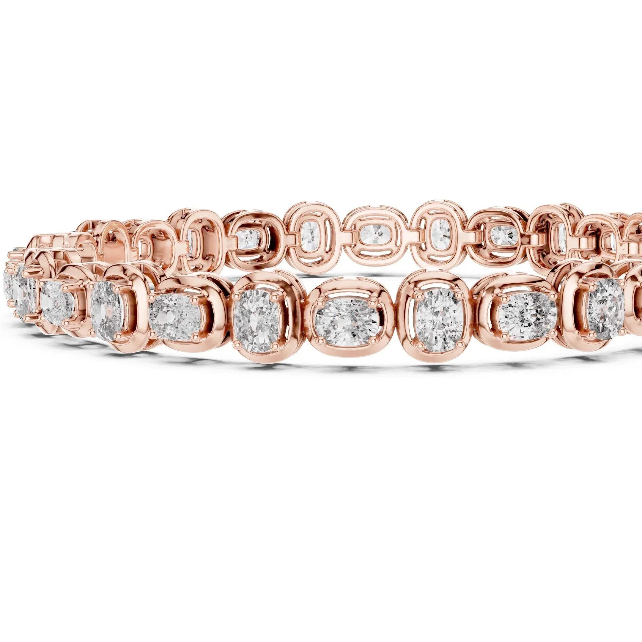 Rose gold bracelet with lab grown diamond accents on a white background