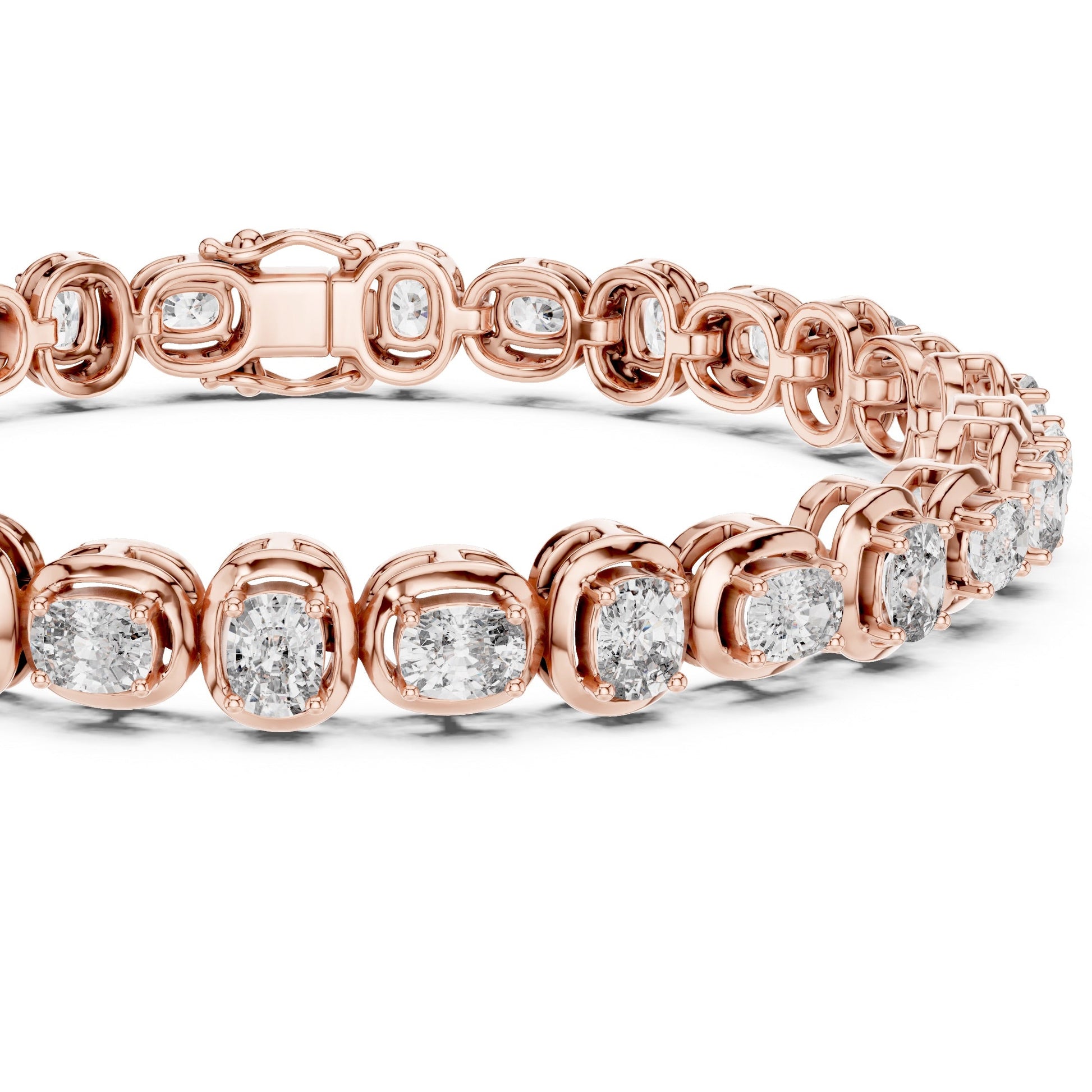 Rose gold bracelet with lab grown diamond accents on a white background