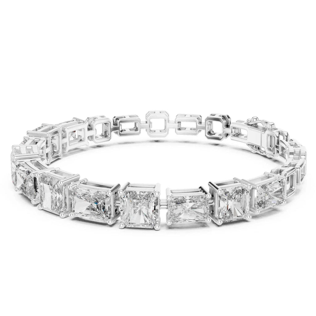 White gold lab grown diamond bracelet with rectangular and square-cut diamonds on a white background