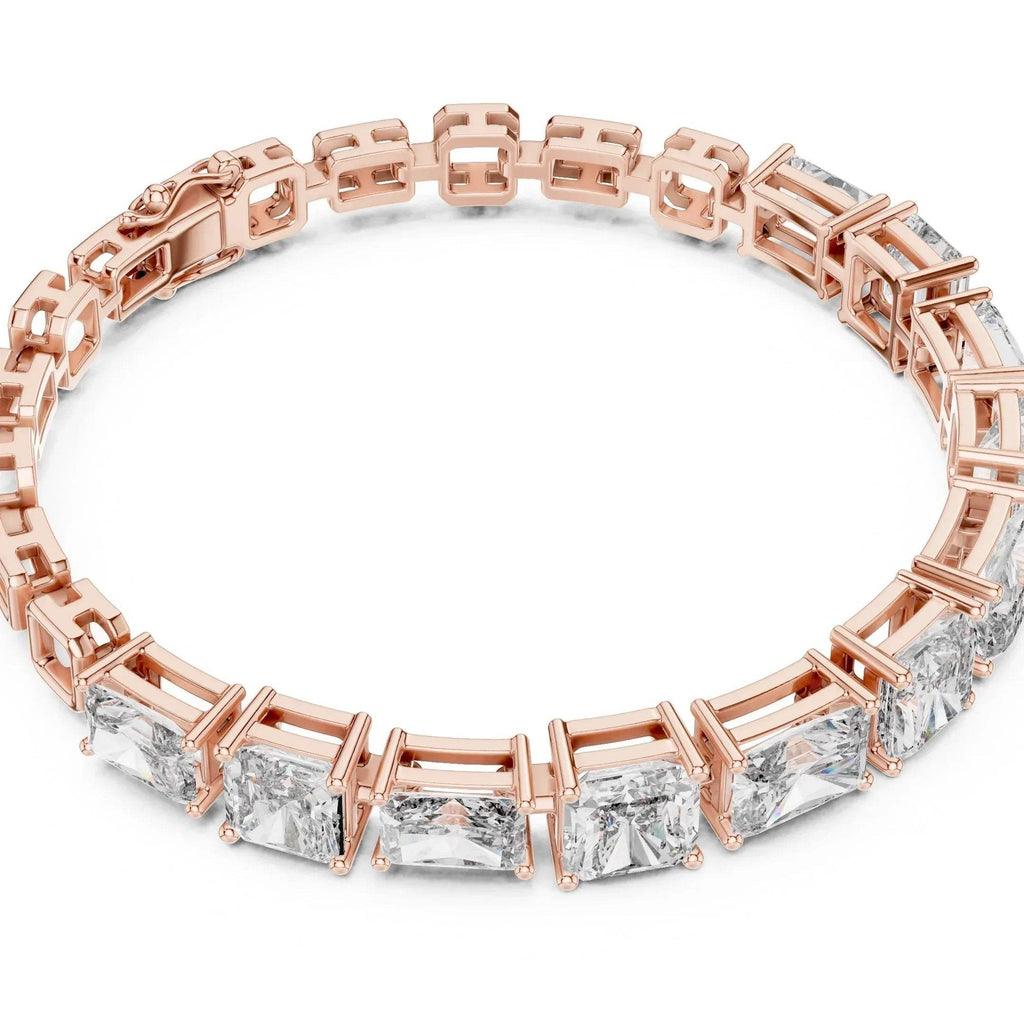 Rose gold bracelet with lab grown diamonds on a white background