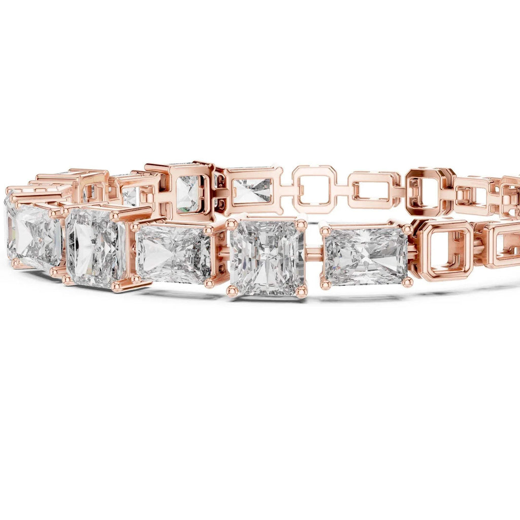 Rose gold bracelet with square and rectangular-cut lab grown diamonds on a white background