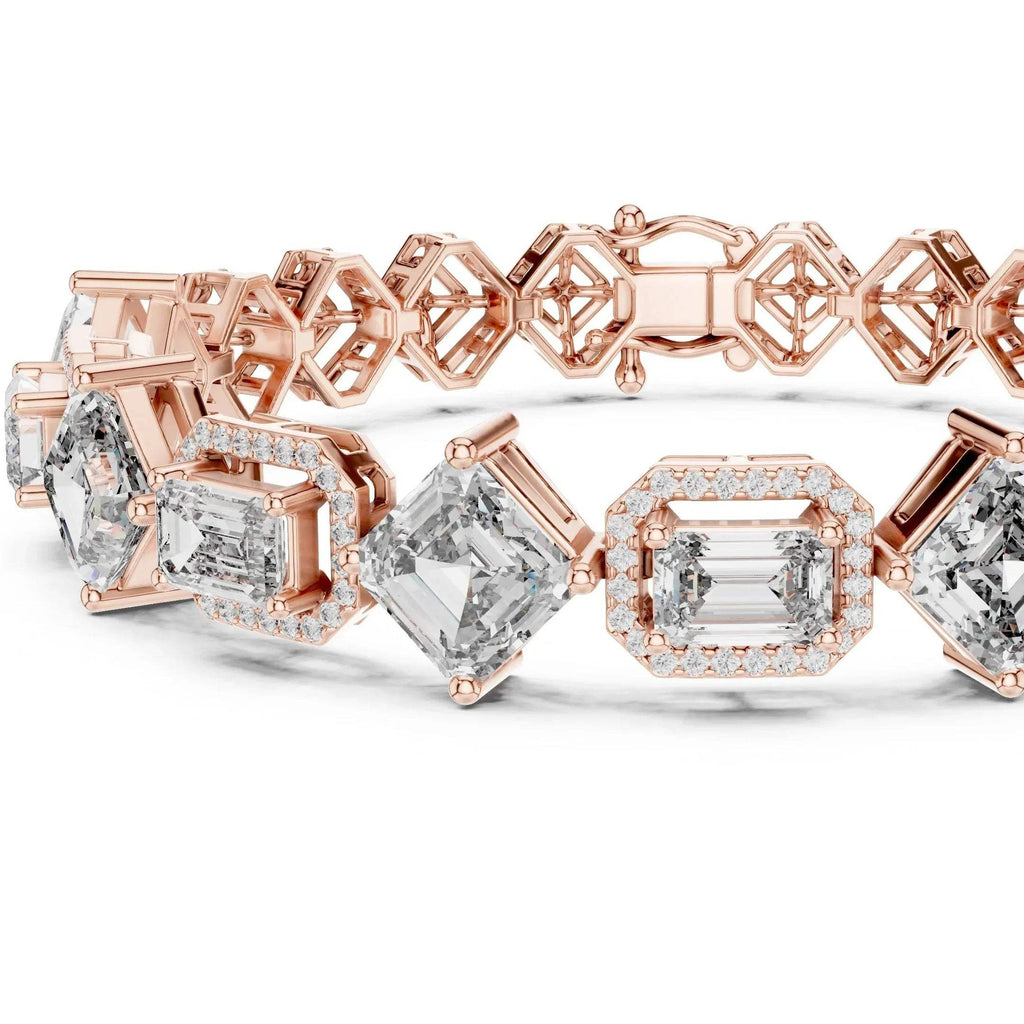 Rose gold bracelet with lab grown diamonds accents on a white background