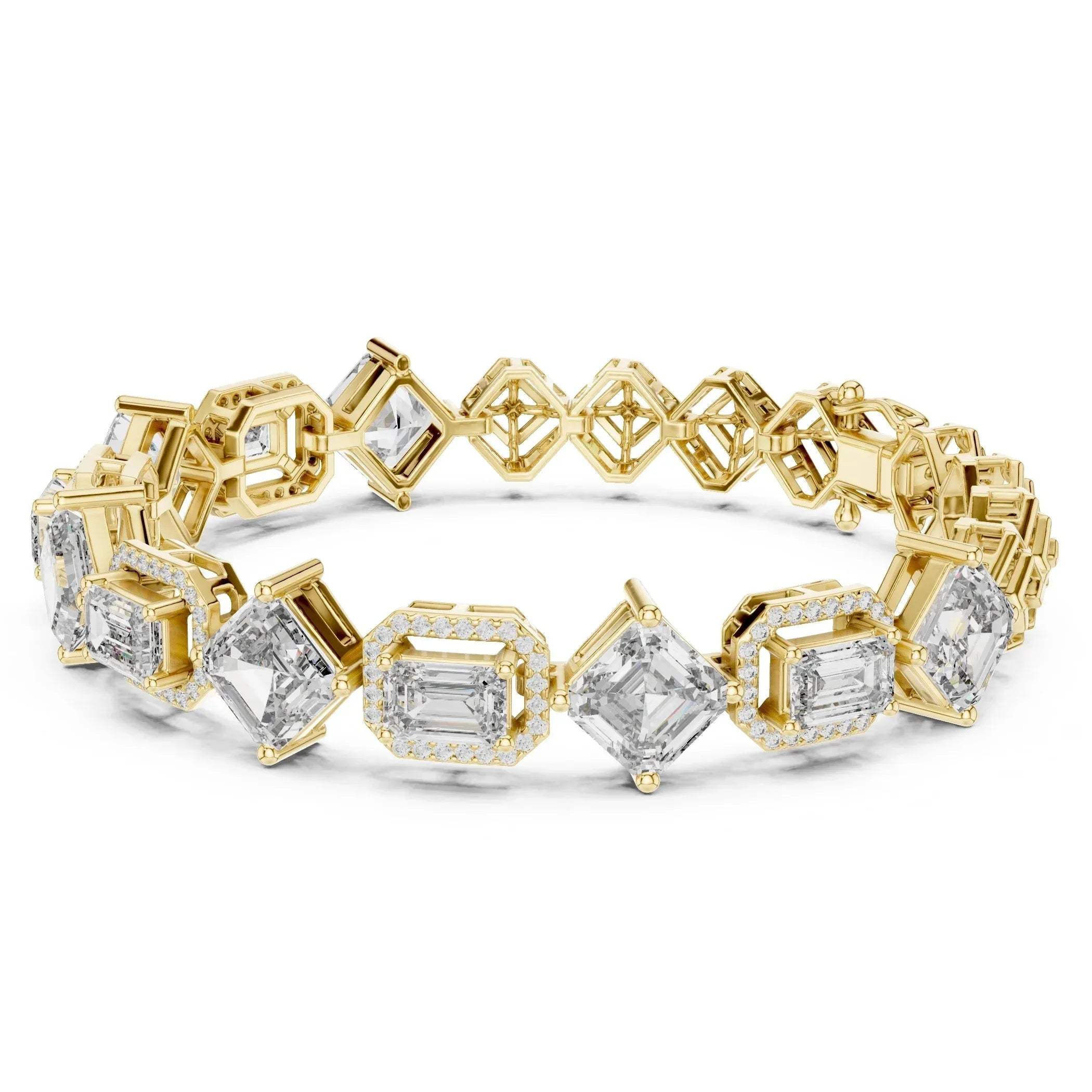 Yellow gold bracelet with lab grown diamond accents on a white background.