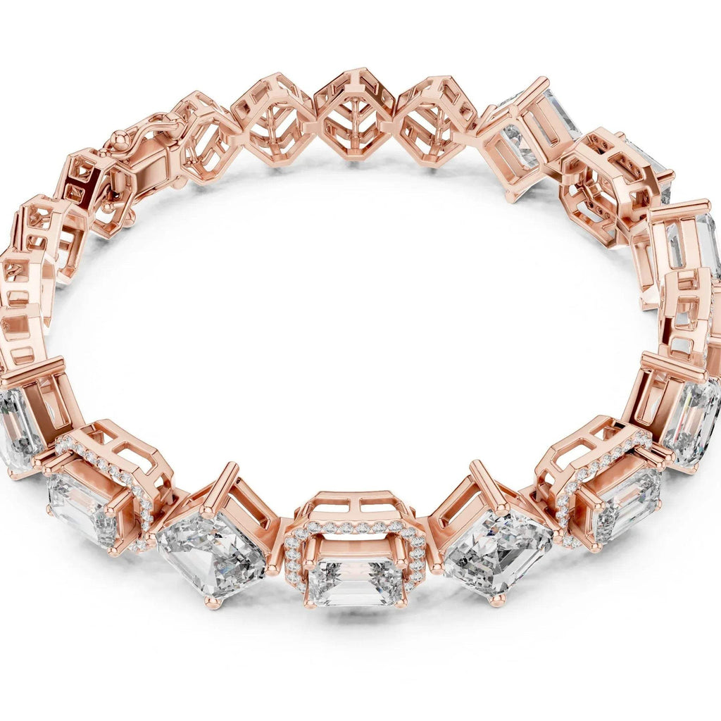 Rose gold and lab grown diamond bracelet on a white background