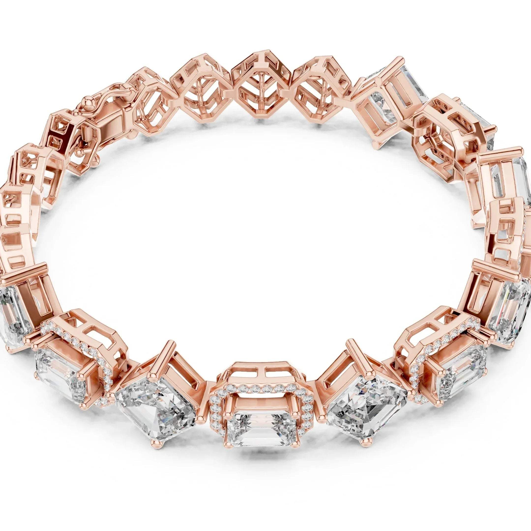 Rose gold and lab grown diamond bracelet on a white background