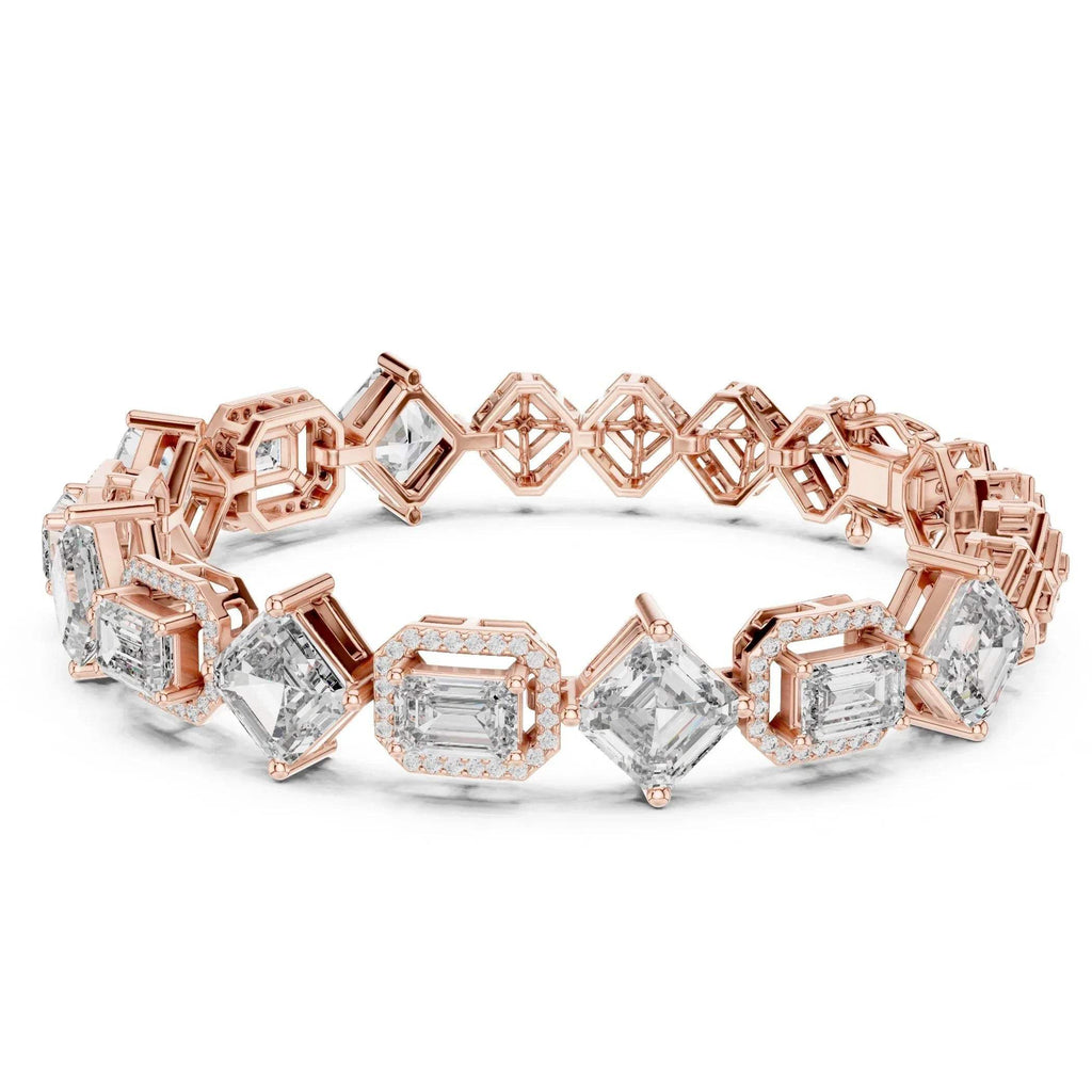 Rose gold bracelet with lab grown diamonds accents on a white background.