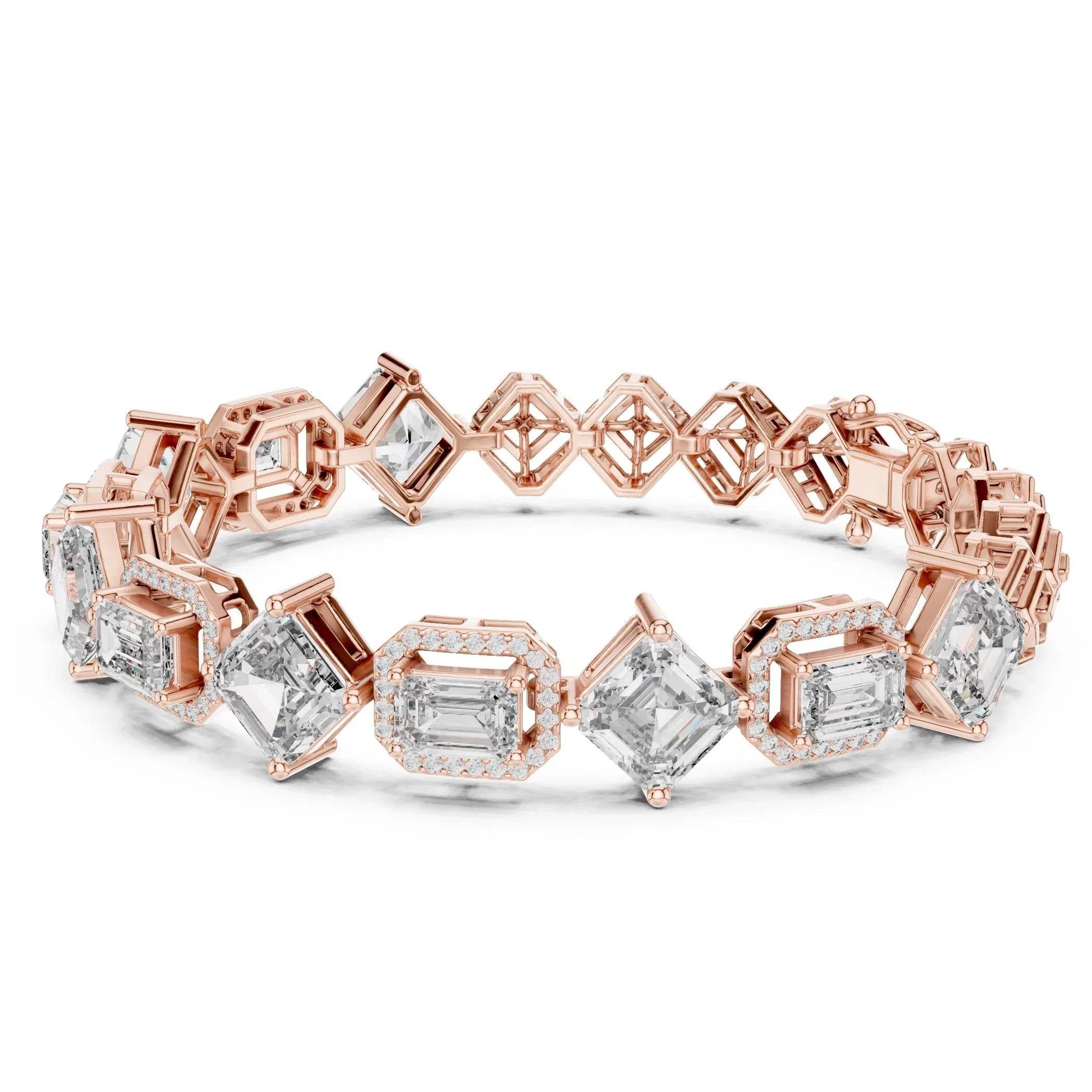 Rose gold bracelet with lab grown diamonds accents on a white background.