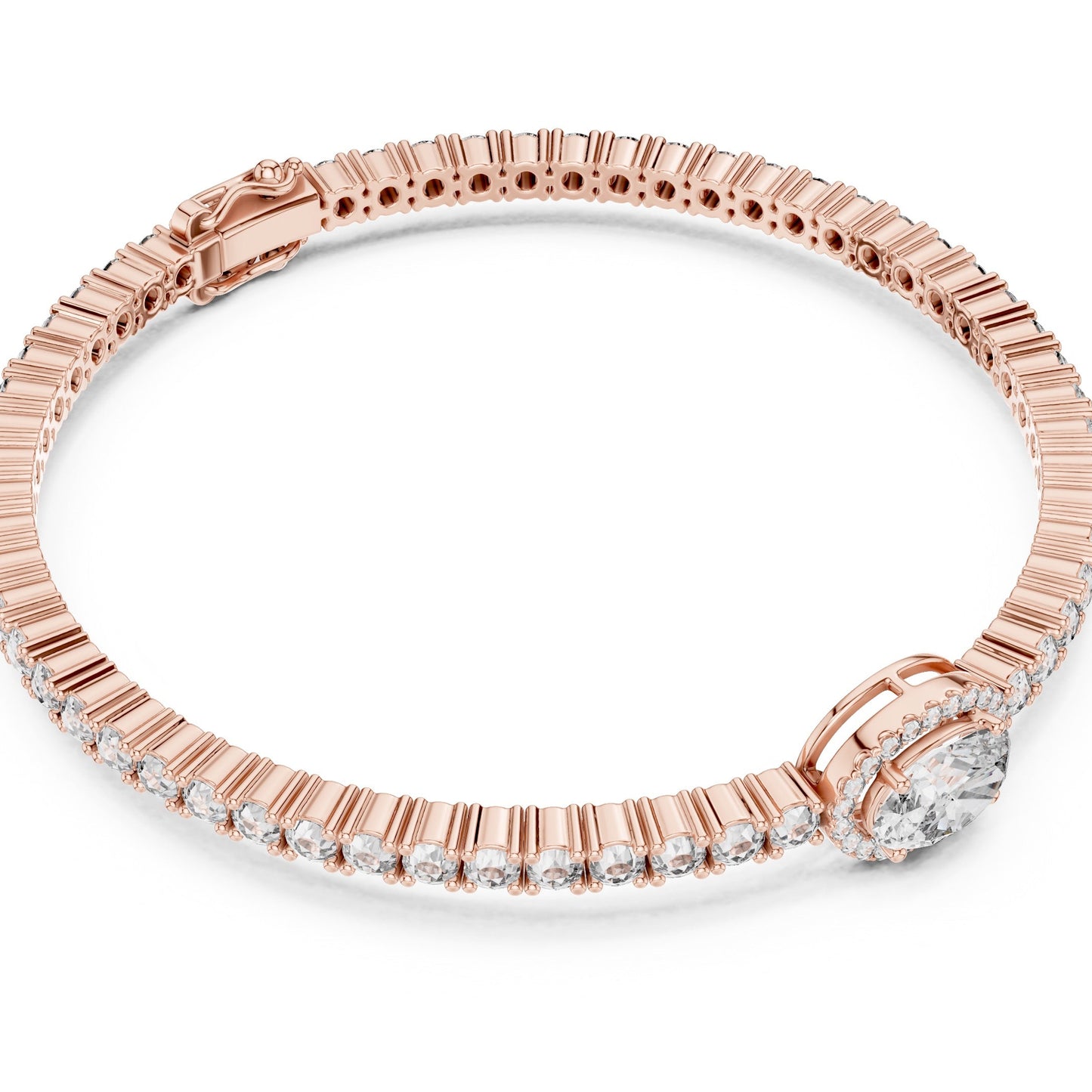 Rose gold bracelet with lab grown diamonds on a white background