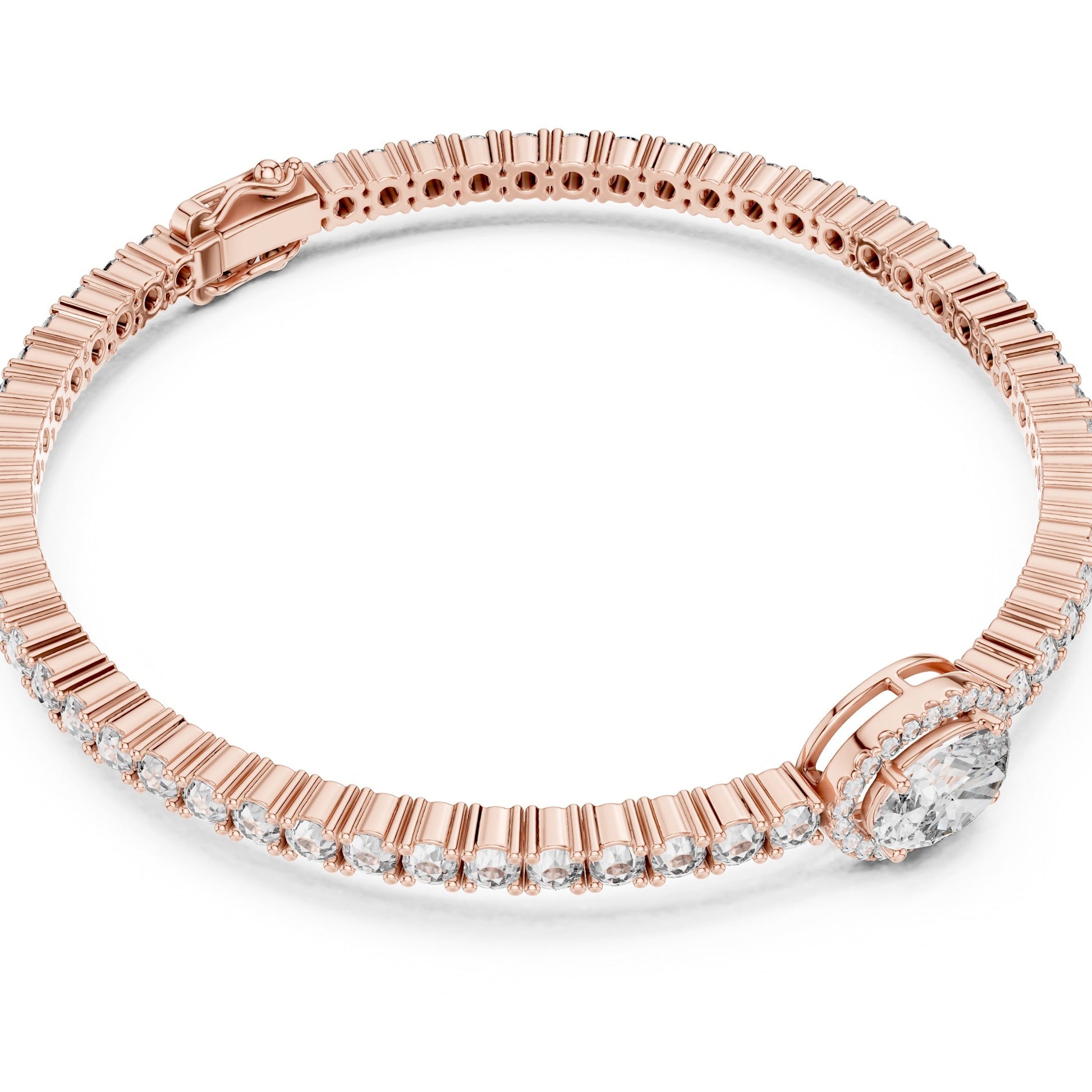 Rose gold bracelet with lab grown diamonds on a white background