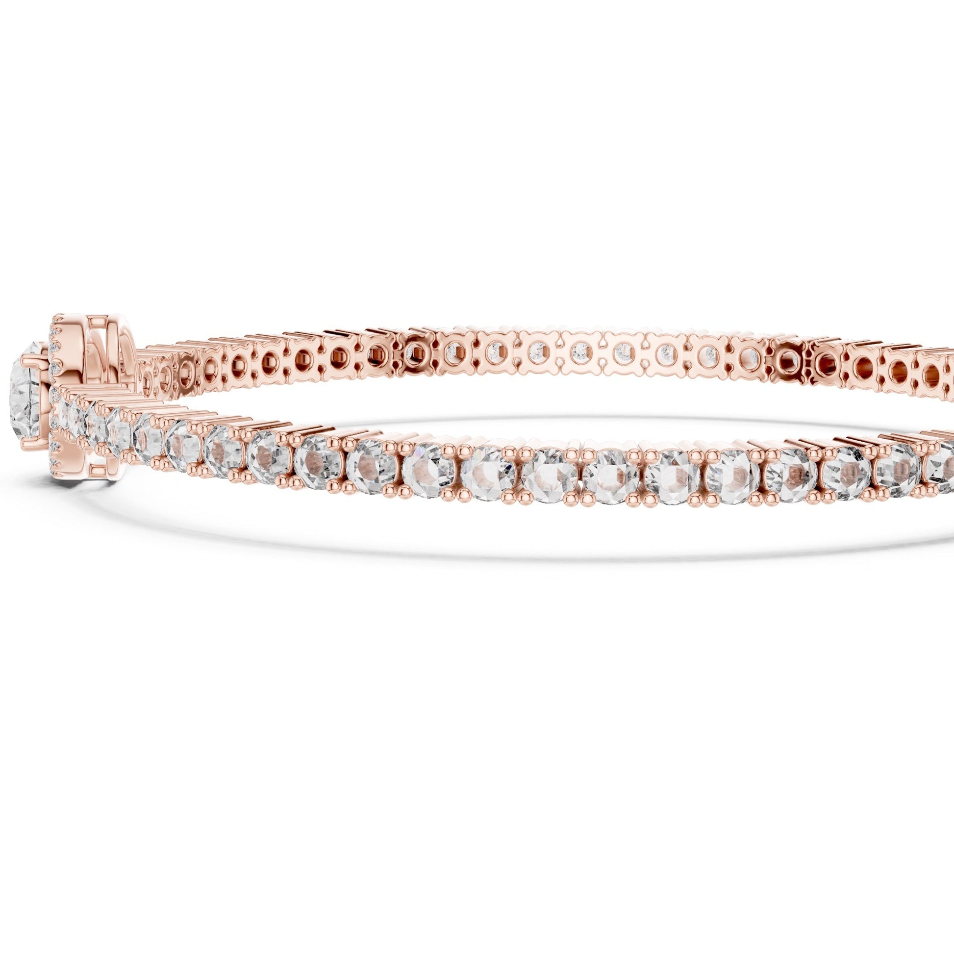 Rose gold bracelet with lab grown diamonds on a white background