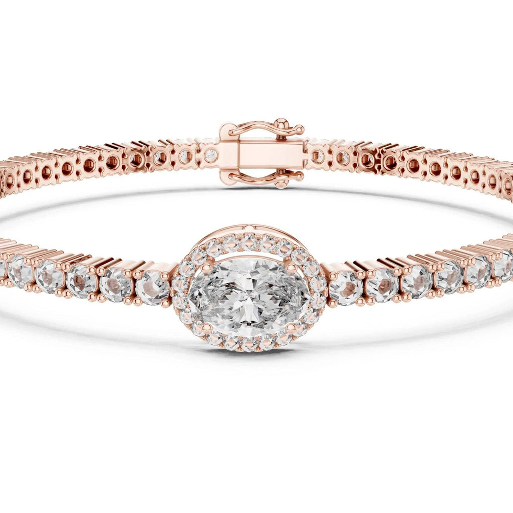 Rose gold bracelet with a lab grown diamonds on a white background