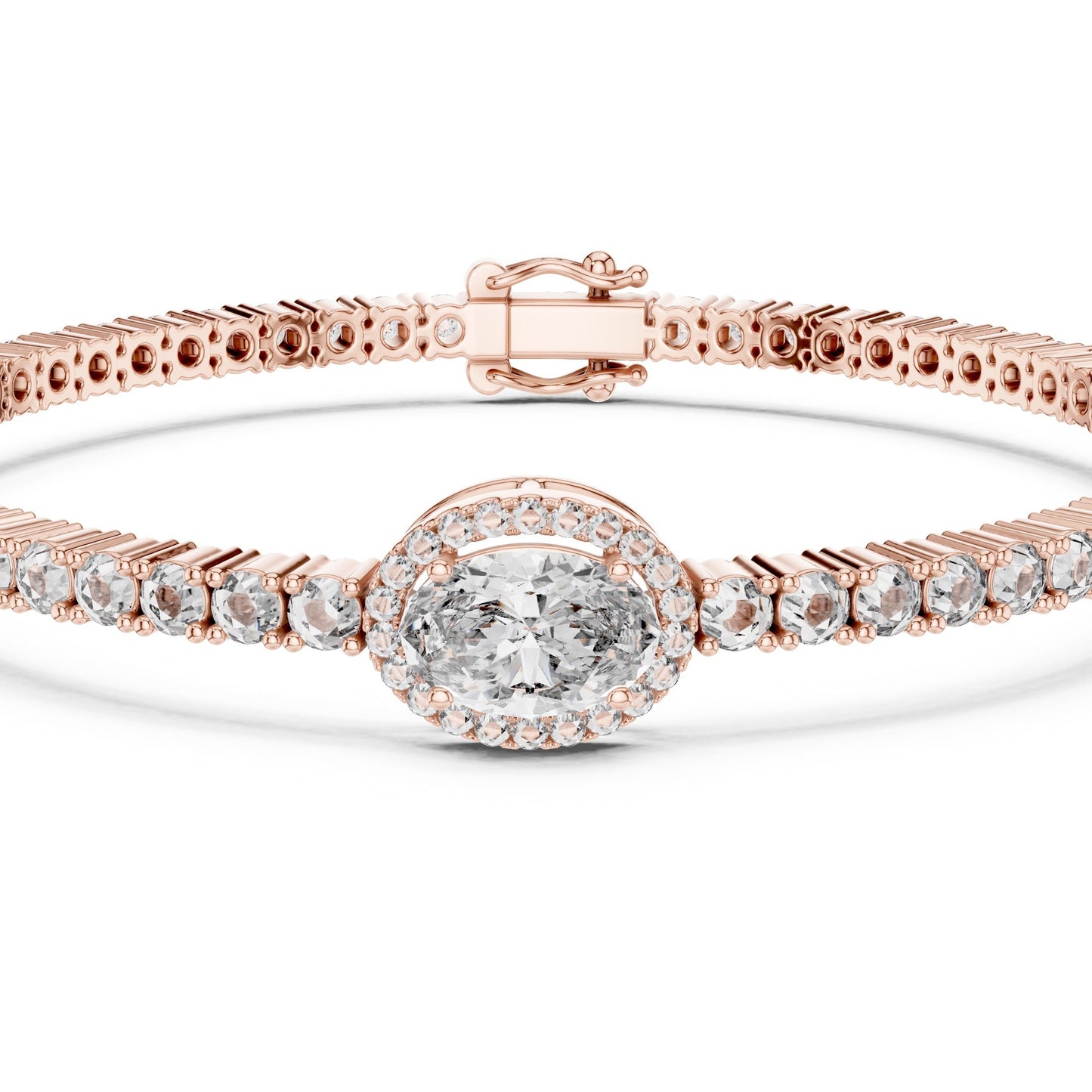 Rose gold bracelet with a lab grown diamonds on a white background