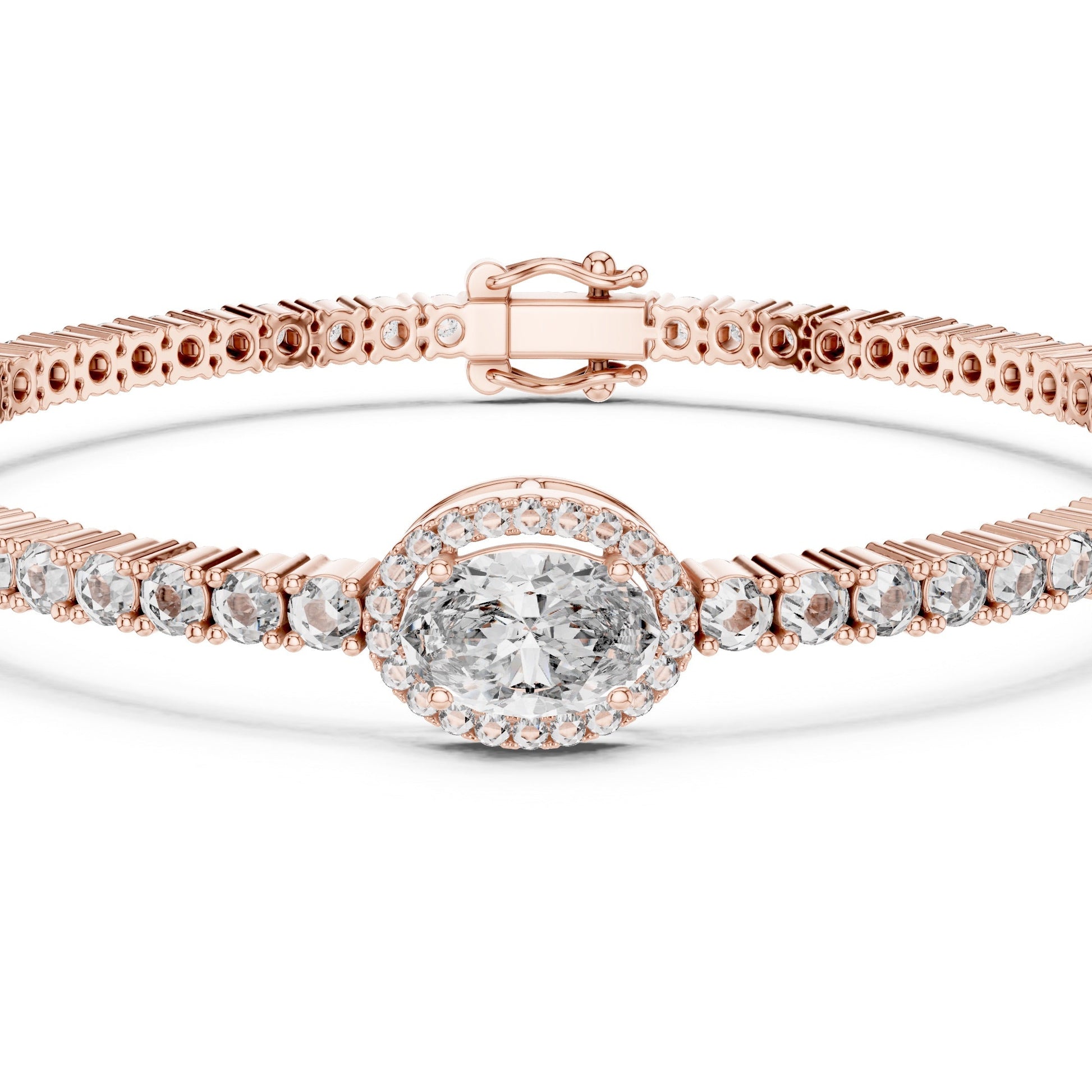 Rose gold bracelet with a lab grown diamonds on a white background