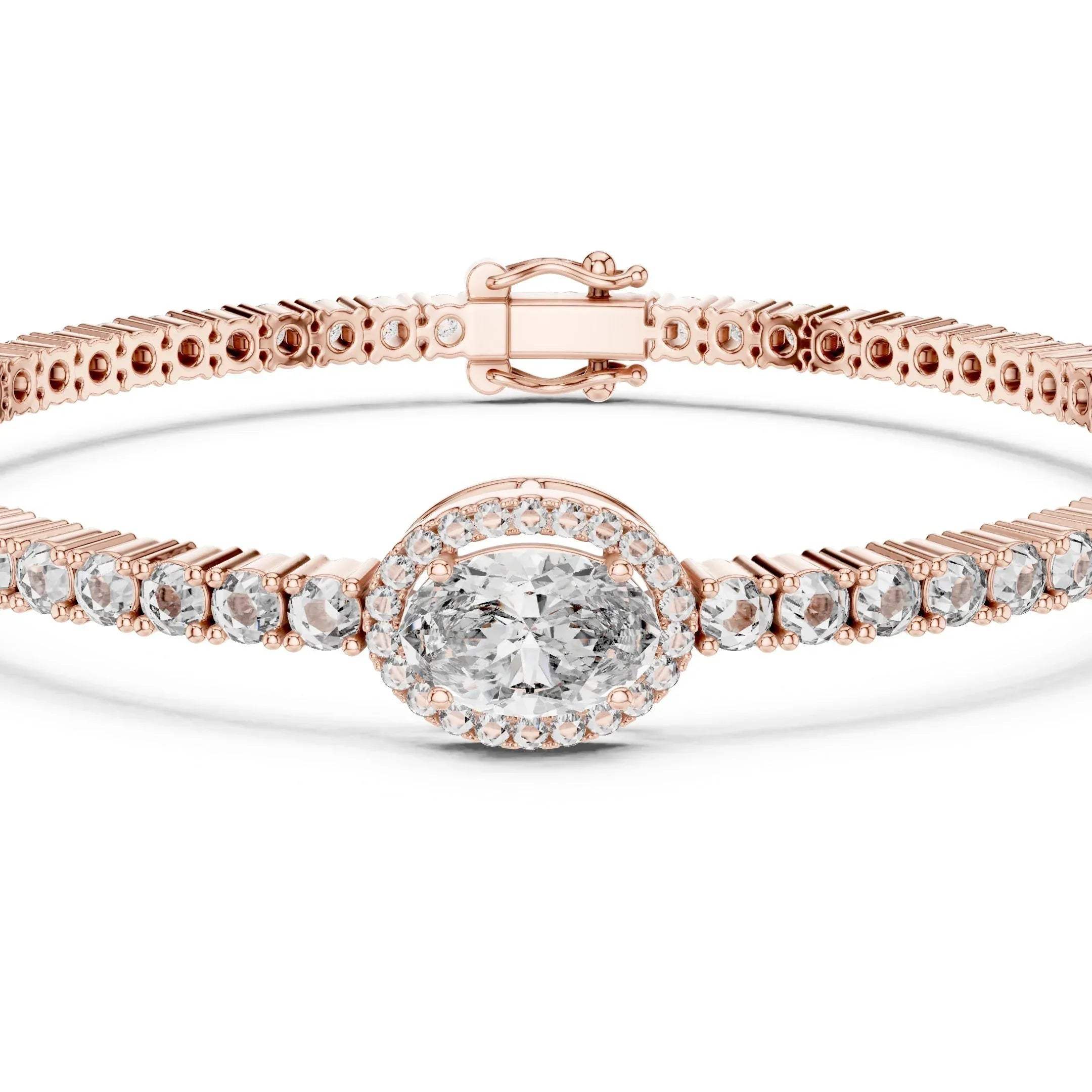 Rose gold bracelet with a lab grown diamonds on a white background