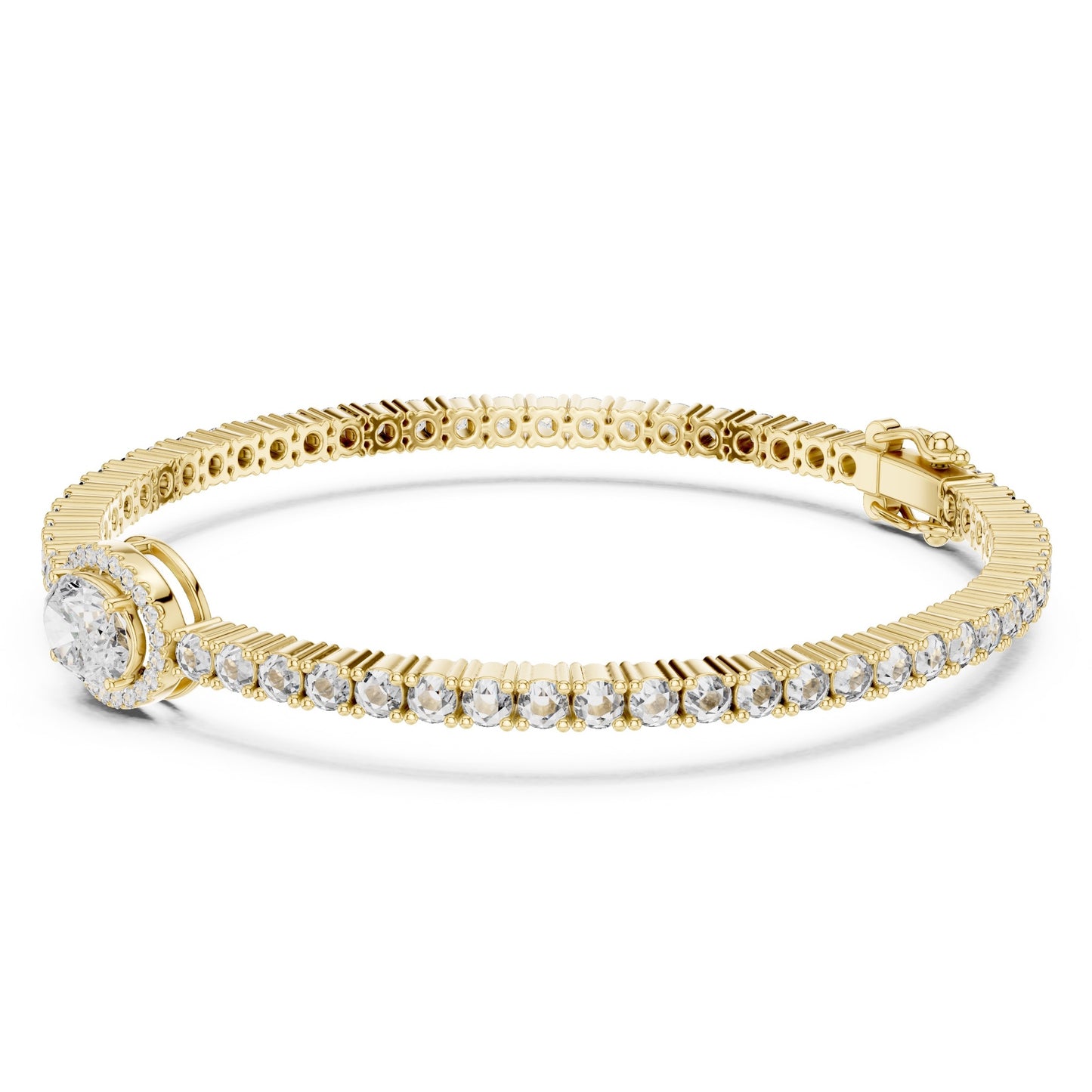 Yellow gold bracelet with lab grown diamonds on a white background