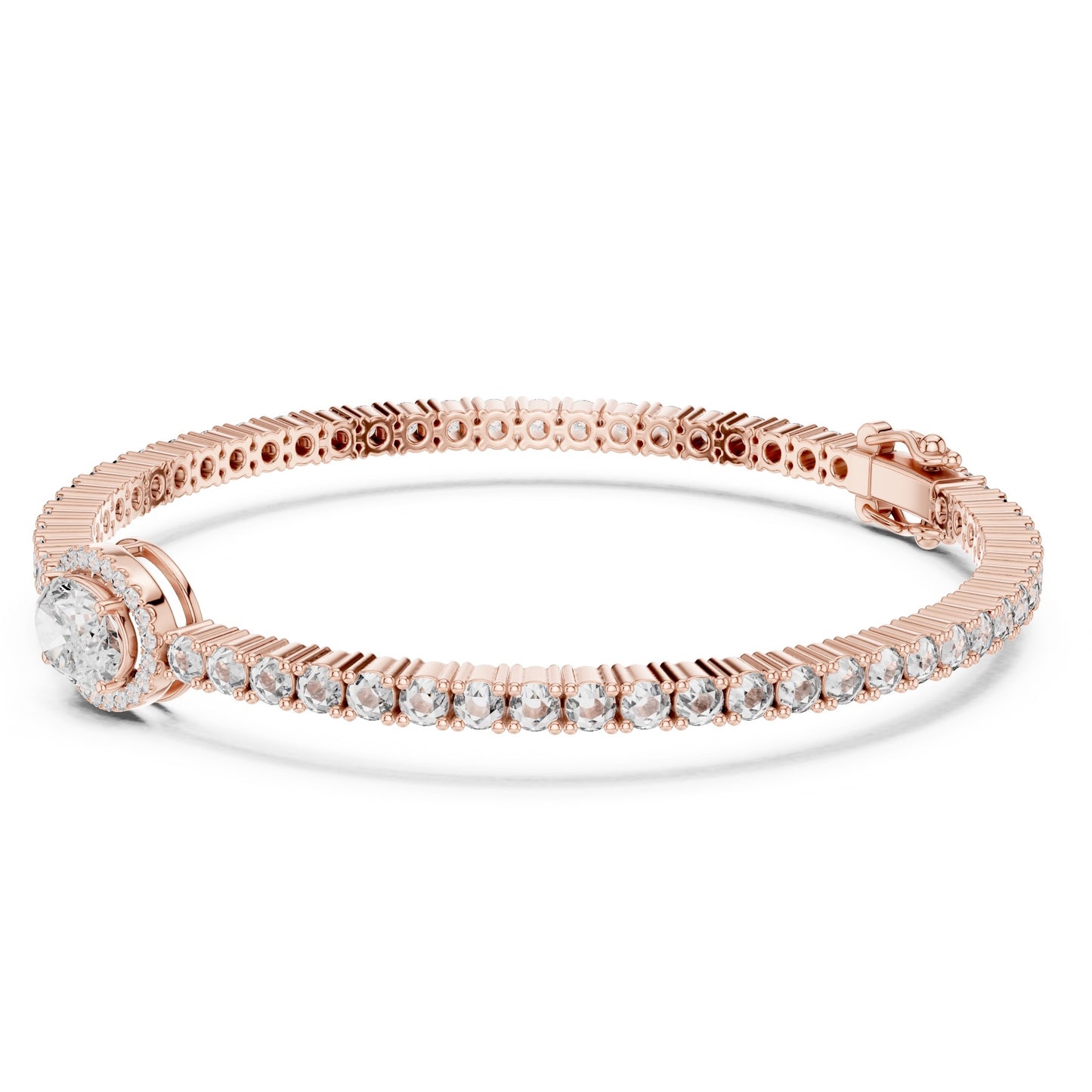 Rose gold bracelet with lab grown diamonds on a white background