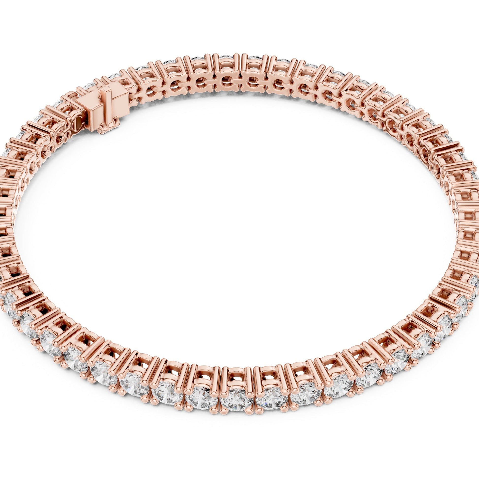 Rose gold bracelet with lab grown diamonds on a white background