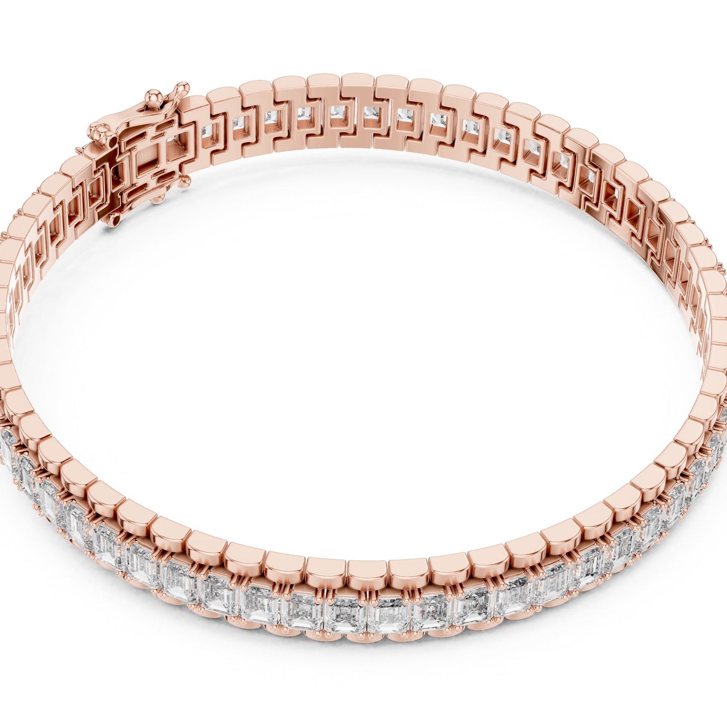 Rose gold bracelet with lab grown diamonds on a white background