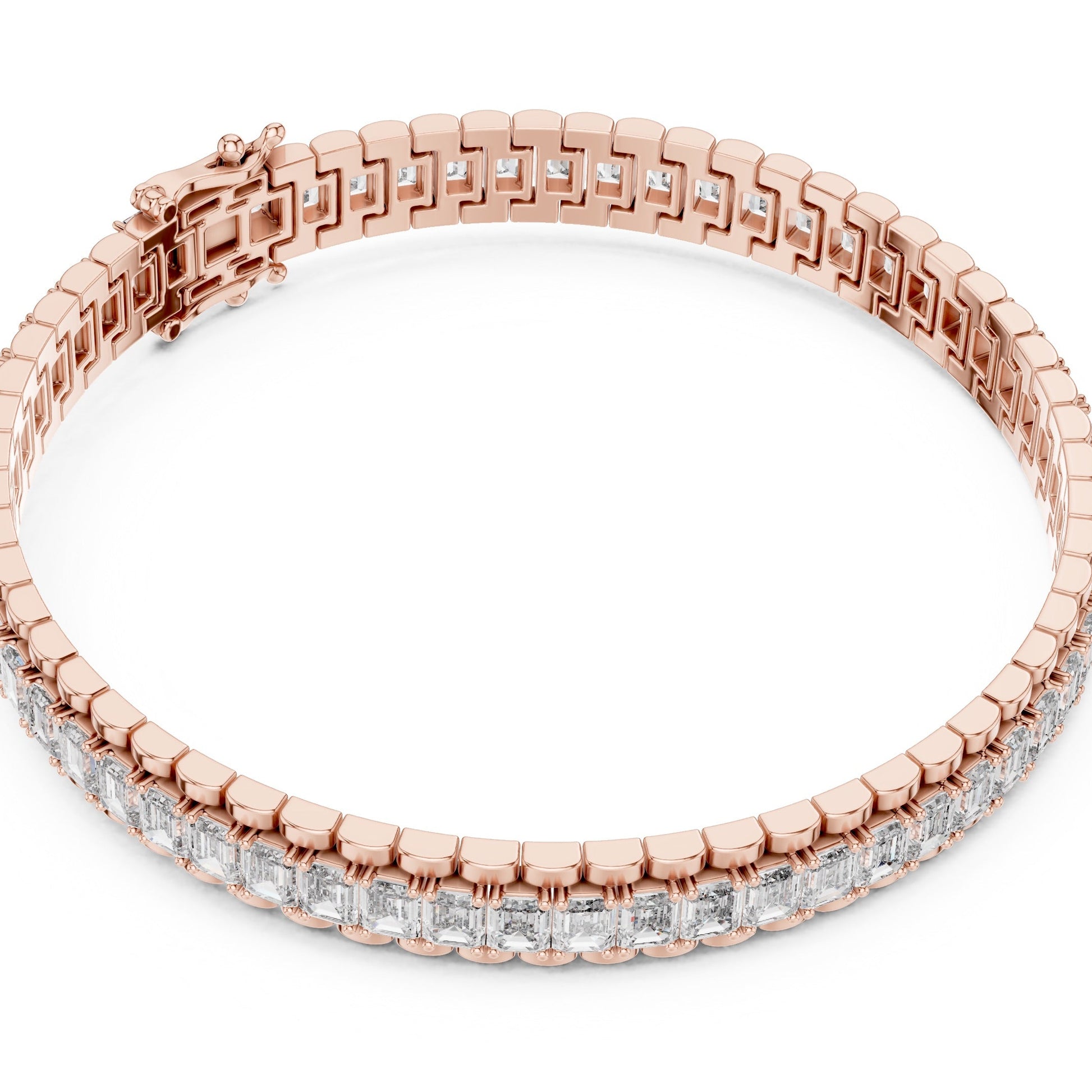 Rose gold bracelet with lab grown diamonds on a white background