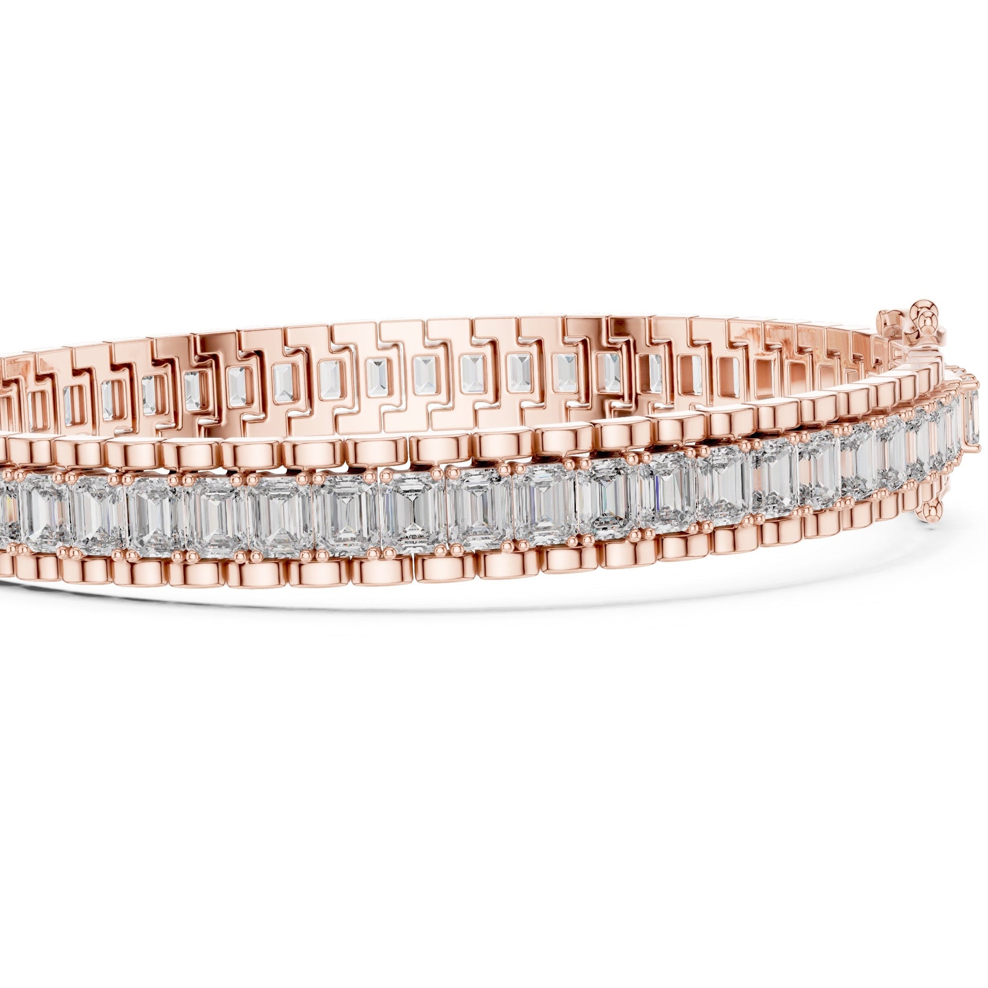 Rose gold bracelet with lab grown diamonds on a white background