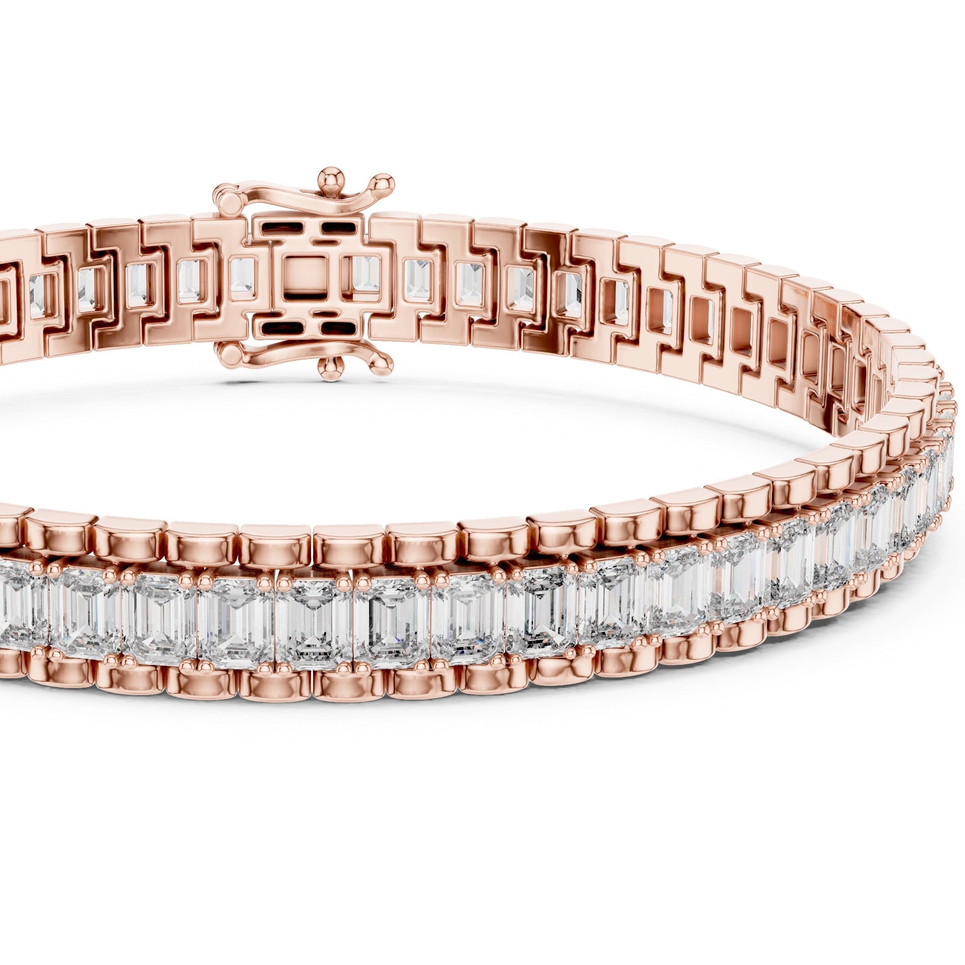 Rose gold bracelet with lab grown diamonds on a white background
