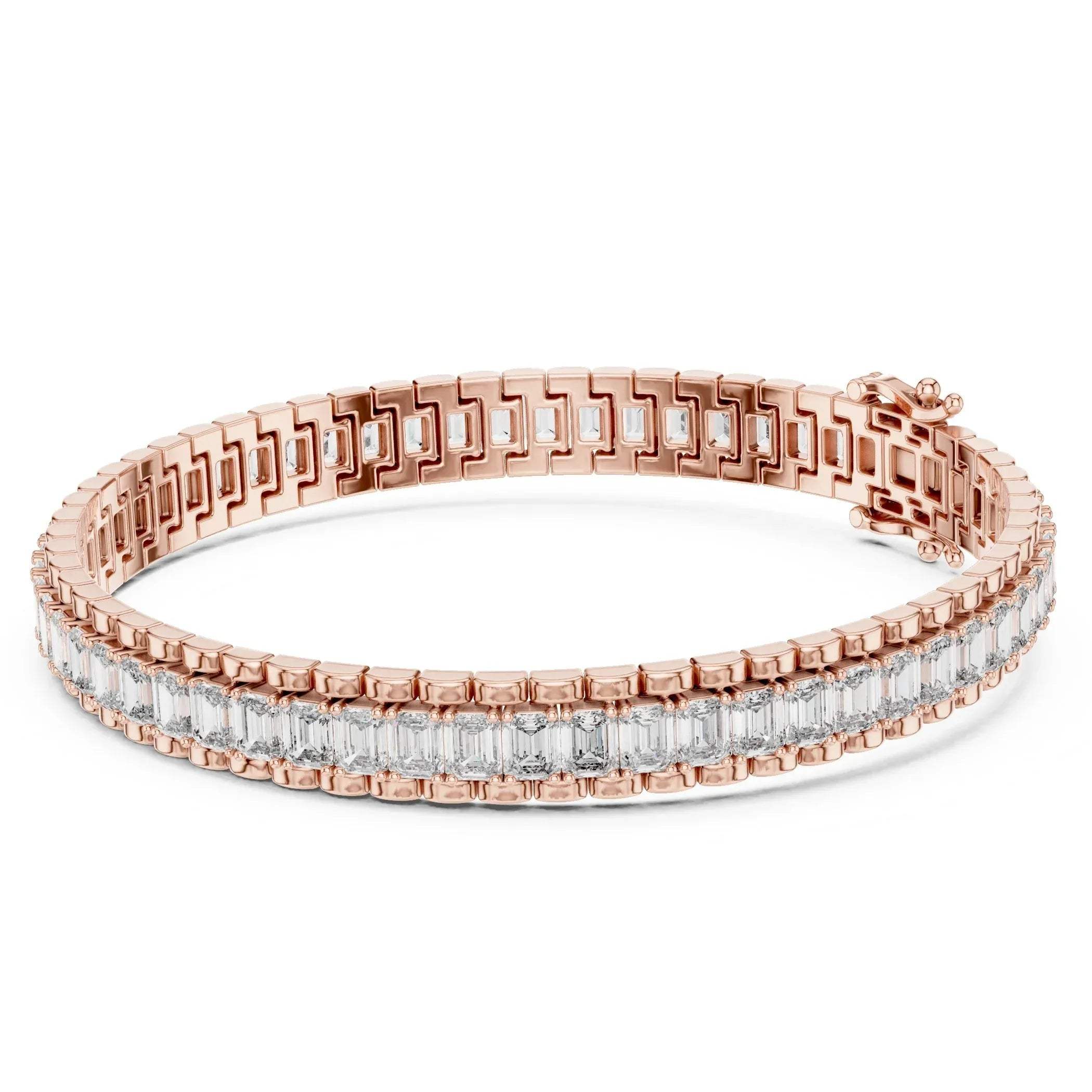 Rose gold bracelet with lab grown diamond accents on a white background
