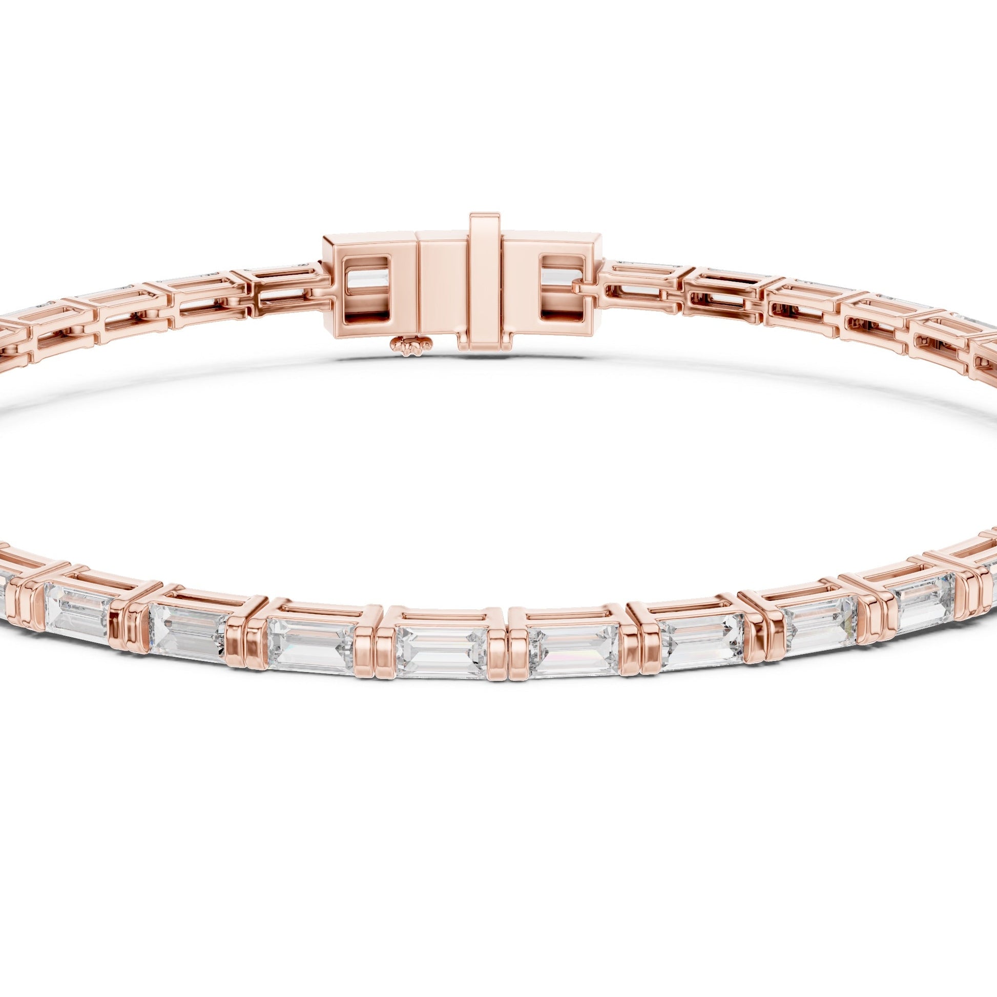 Rose gold bracelet with lab grown diamonds on a white background