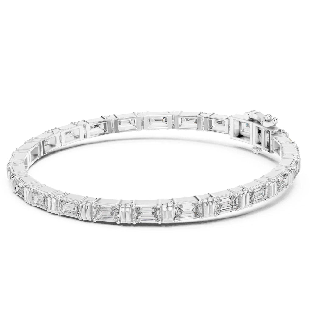 White gold bracelet with emerald shape lab grown diamonds on a white background
