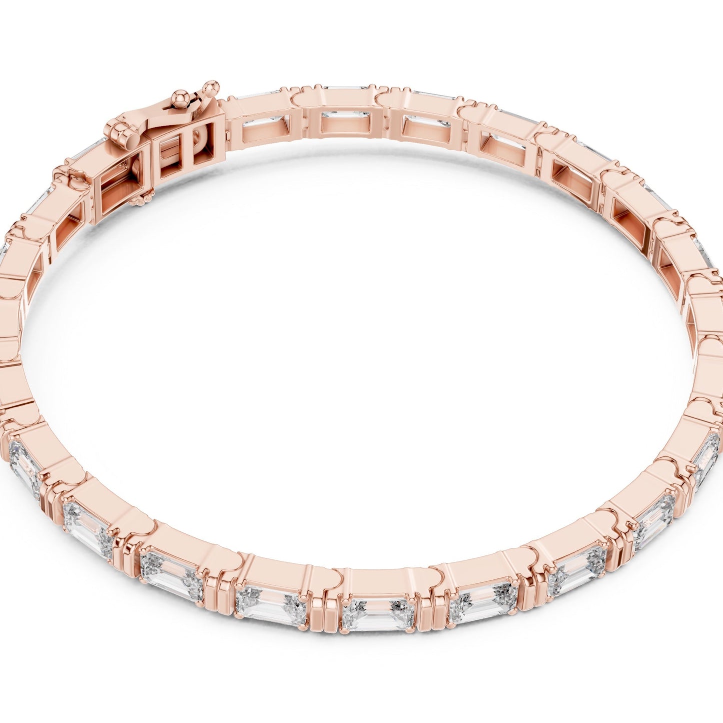 Rose gold bracelet with lab grown diamonds on a white background