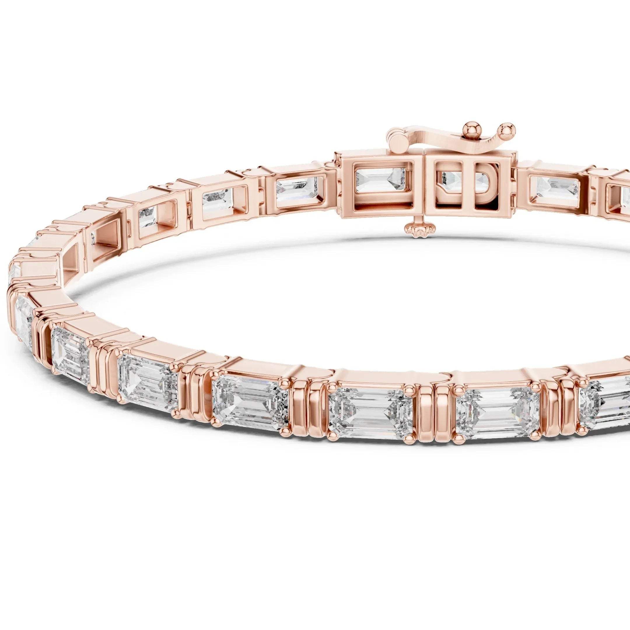 Rose gold bracelet with lab grown diamonds on a white background