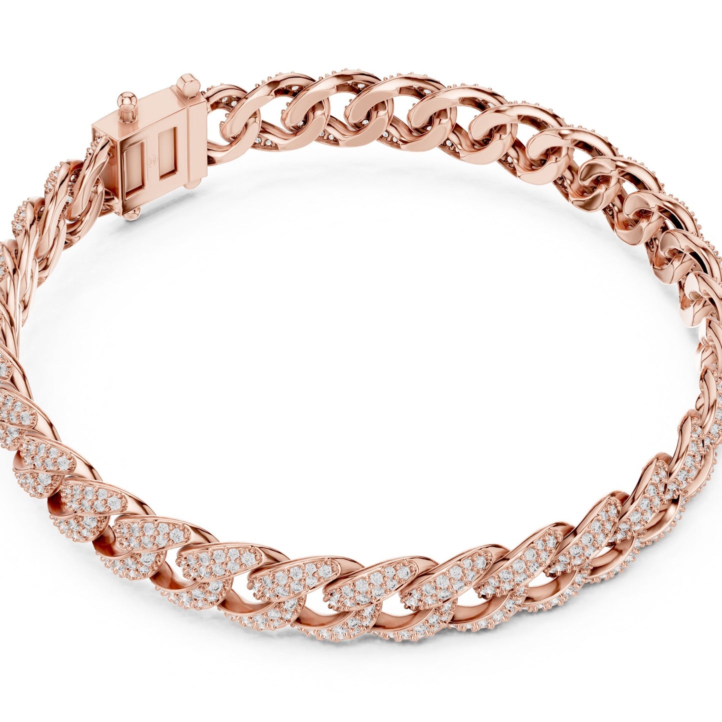 Rose gold and lab grown diamond bracelet with chain design on a white background