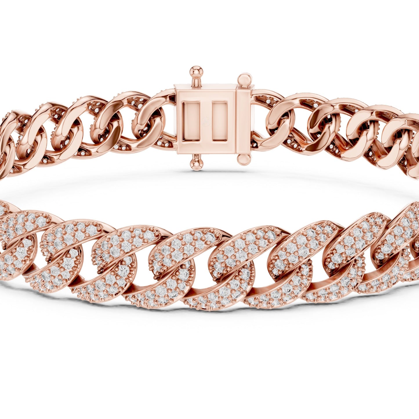 Rose gold bracelet with lab grown diamond accents on a white background