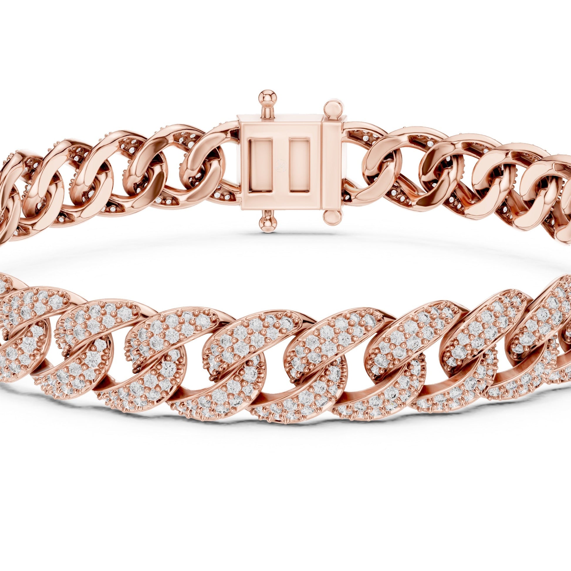 Rose gold bracelet with lab grown diamond accents on a white background