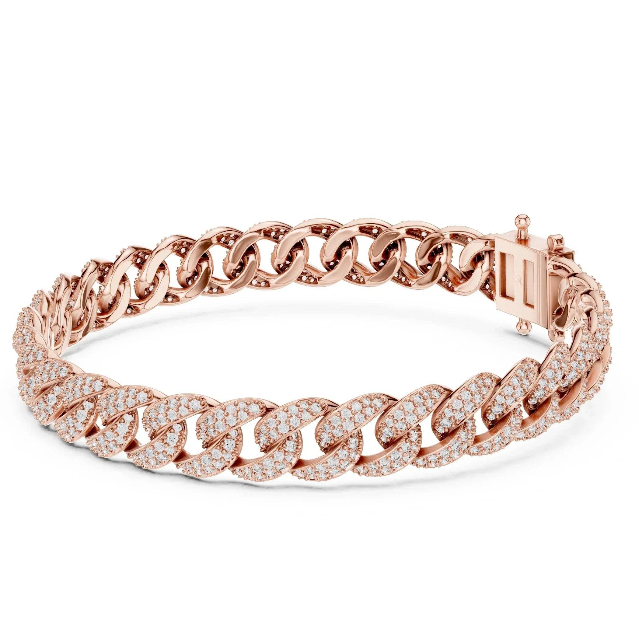 Rose gold bracelet with lab grown diamond accents on a white background