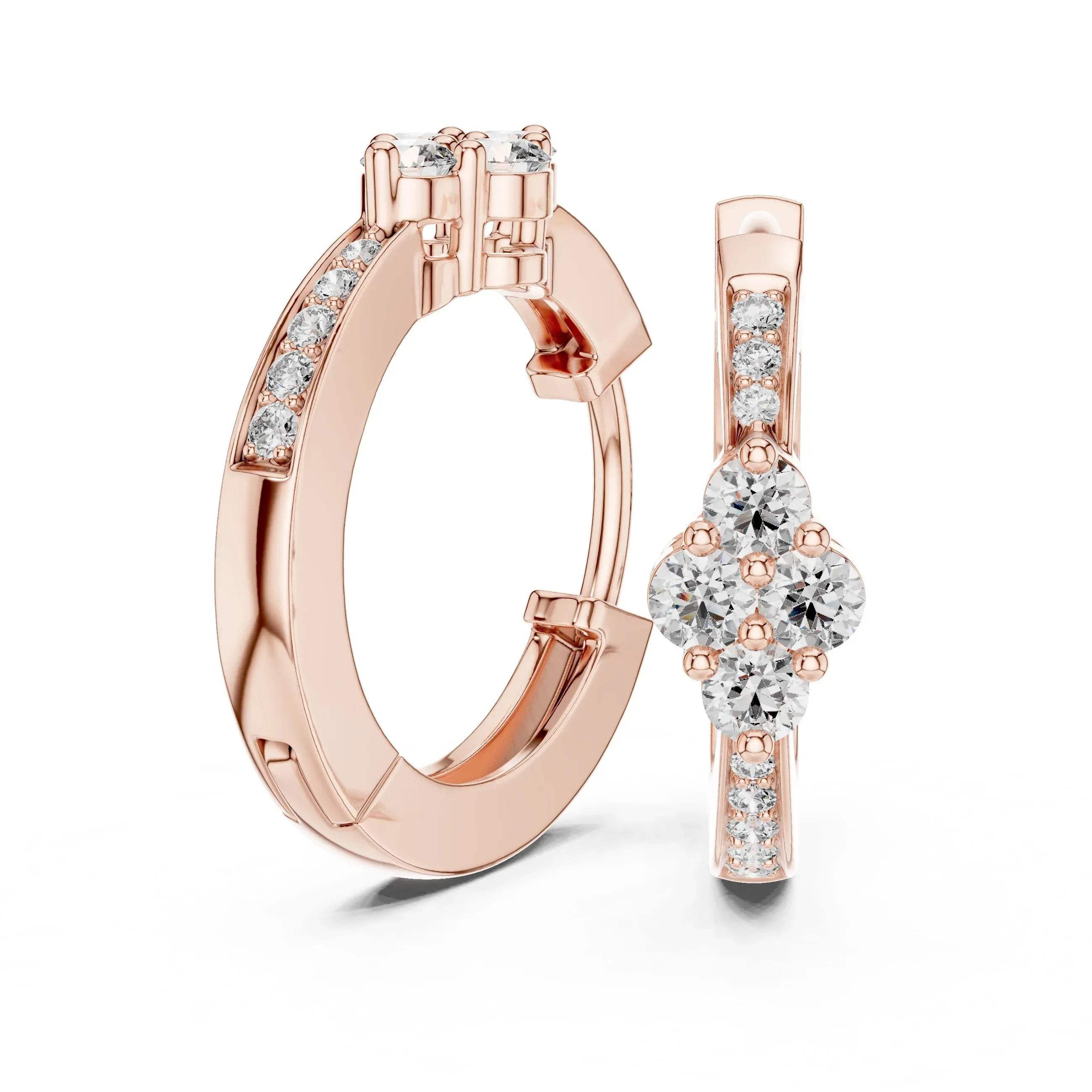 Rose gold hoop earrings with lab grown diamond accents on a white background