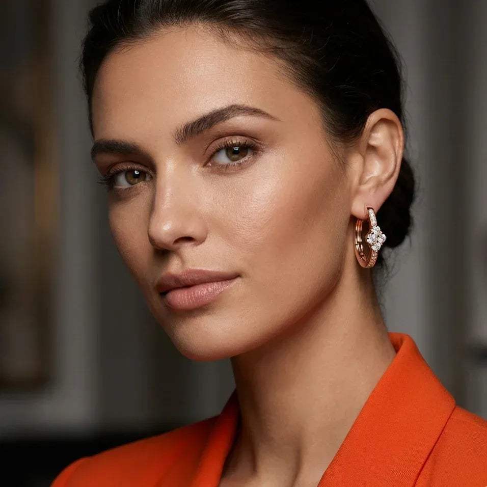 Close-up of a woman wearing lab grown diamond hoop earrings with a blurred background