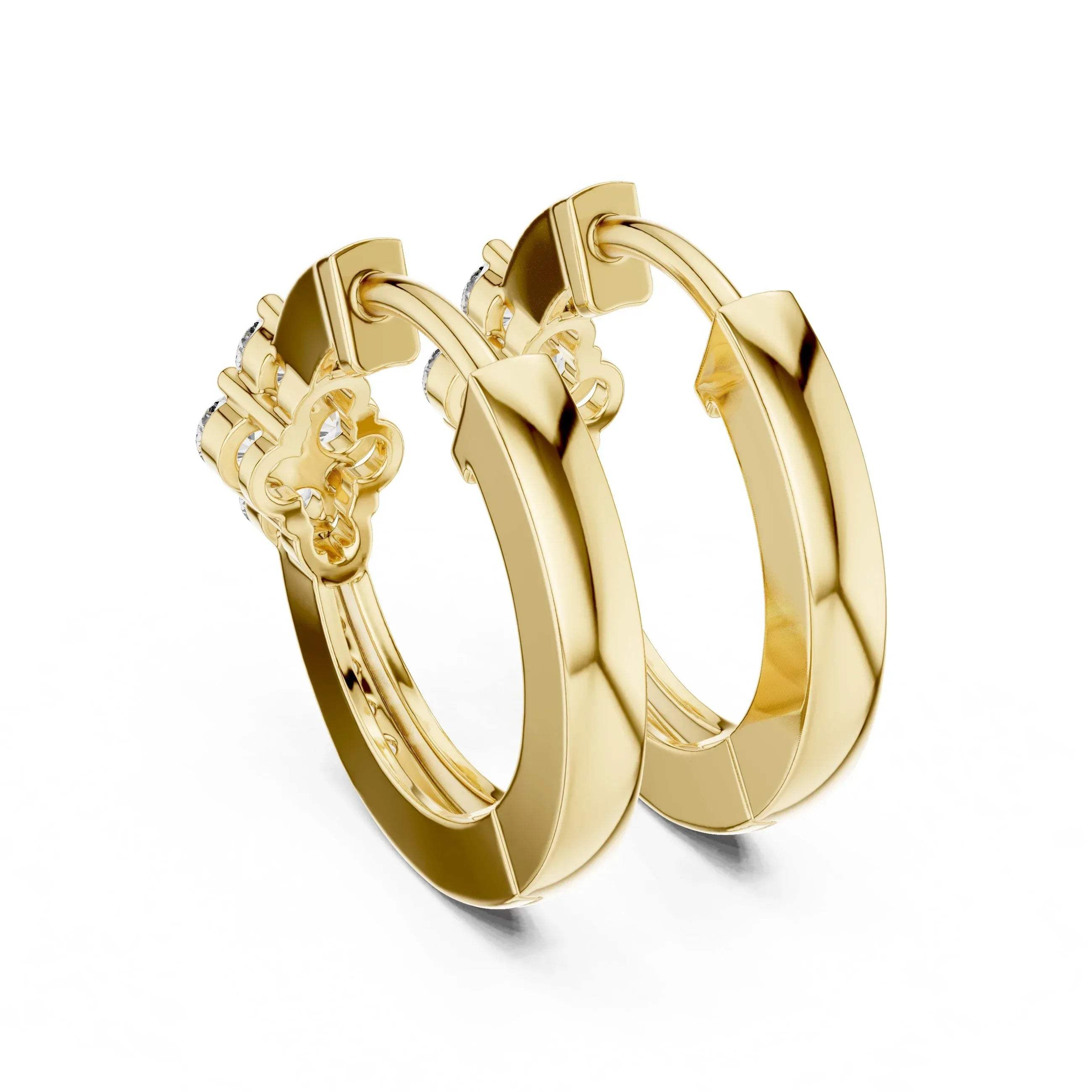 Yellow gold & lab grown diamond hoop earrings on a white background